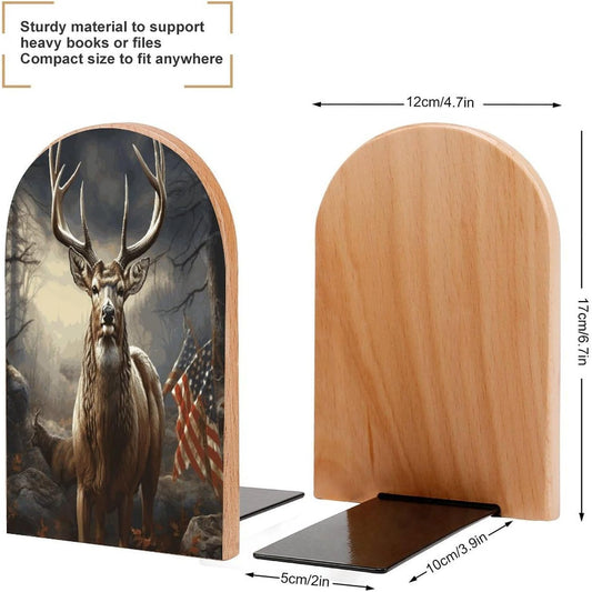 Deer Hunting Season Bookend for Shelves Wooden Book End Large Size Sturdy Book Holders Stoppers with Metal Base for Bookshelves Slick Decorative Bookends Stands
