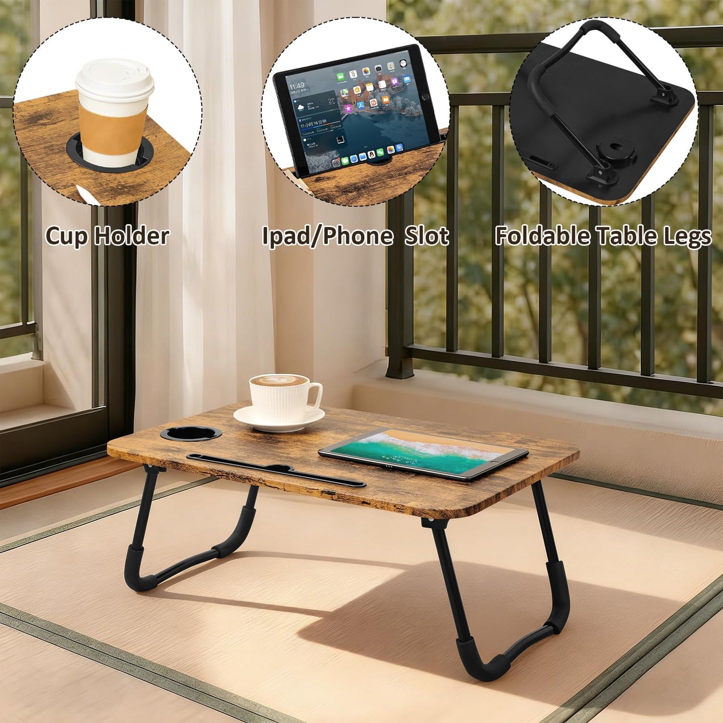 Lap Desk Foldable Laptop Table Portable Bed Tray Desk with Holders for Cup and Tablet Small Personal Lap Tables for Sofa Couch Floor Travel Beach Camping Dark Brown