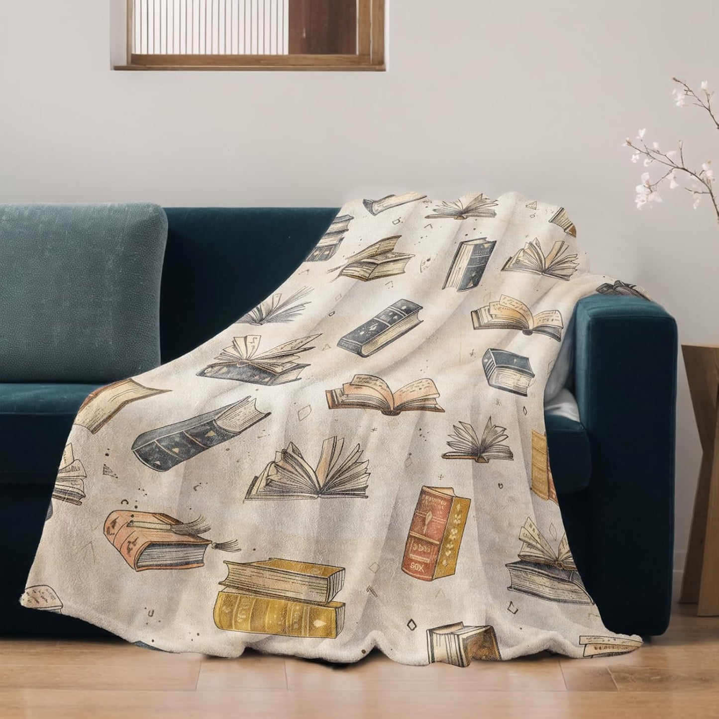 Vintage Book Blanket Lightweight Blankets Gifts for Books Lover Flannel Throw with Literary Reading Printed for Sofa, Bed, Travel, Picnic, Camping, Office, Retro Decor Throws 60x50 Inch