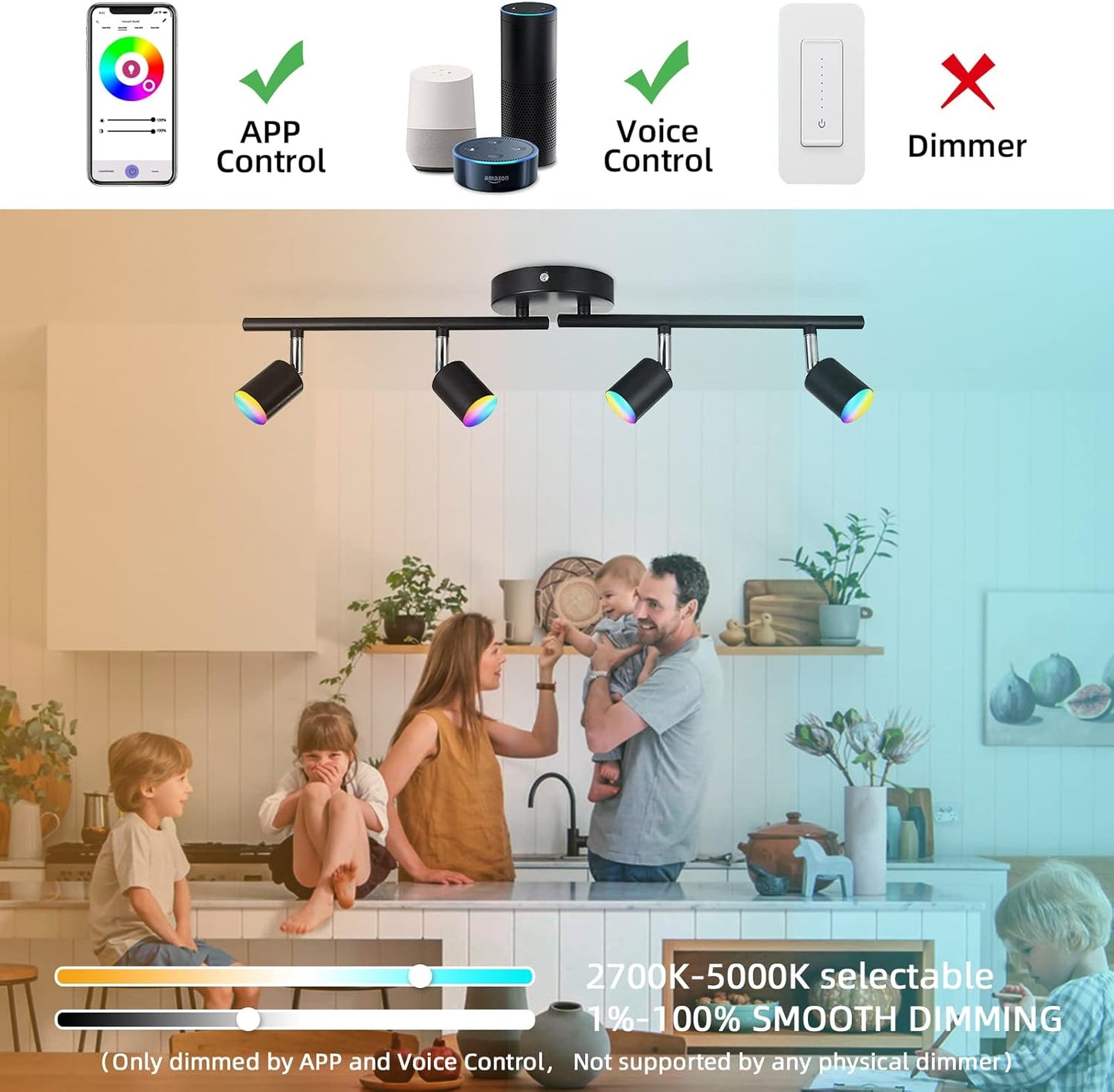 CANEOE Smart 4-Light Black Led Track Lighting Fixtures,16-Colors RGB Track Lighting Kit,Dimmable Track Light Work with Alexa/Google Home/App,Ceiling Spotlight for Kitchen, Living Room, Bedroom, Bar