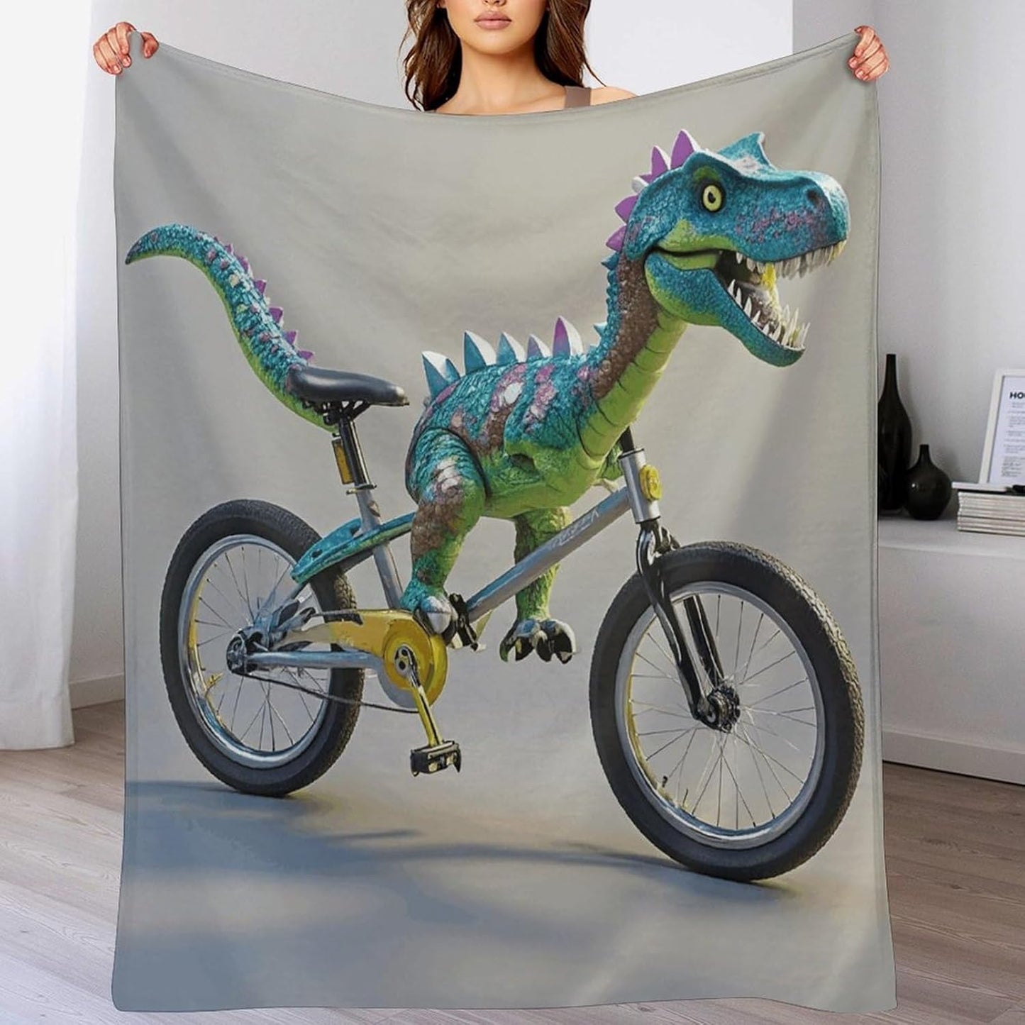 Dinosaur Bicycle Blanket Super Soft Lightweight Throw Blanket Cute Cozy Warm Bed Blanket Decorative Fuzzy Blanket All-Season Home Decor Gift for Sofa Couch Living Room 50"*60"（130 * 150cm）