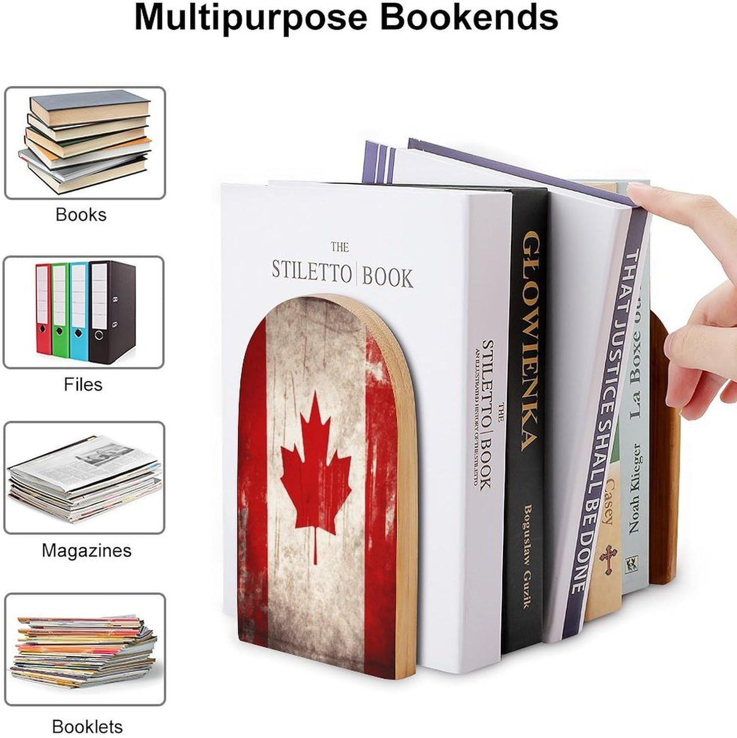 Retro Canada Flag Bookend for Shelves Wooden Book End Large Size Sturdy Book Holders Stoppers with Metal Base for Bookshelves Slick Decorative Bookends Stands