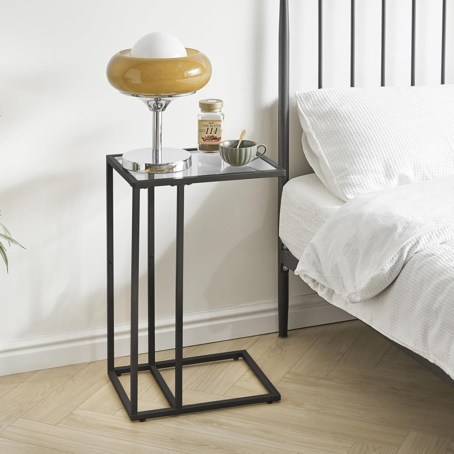 YMYNY C-Shaped End Table, Tempered Glass Sofa Side Table, TV Tray CouchTable That Slide Under for Small Space, Coffee Table for Hallway Office Bedroom Living Room, Metal Frame, Black, UHGD001B