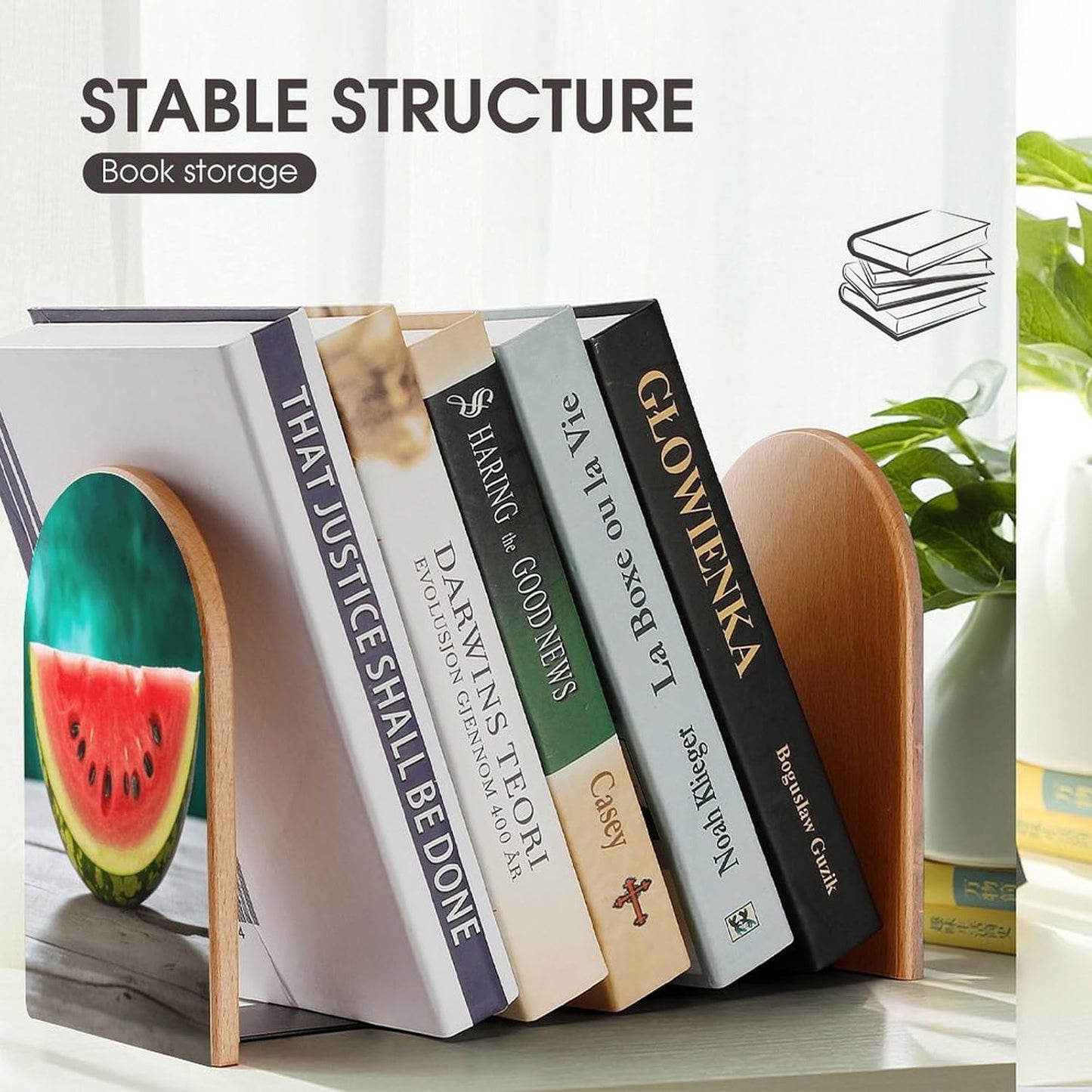 Watermelon with Smiley Bookend for Shelves Wooden Book End Large Size Sturdy Book Holders Stoppers with Metal Base for Bookshelves Slick Decorative Bookends Stands