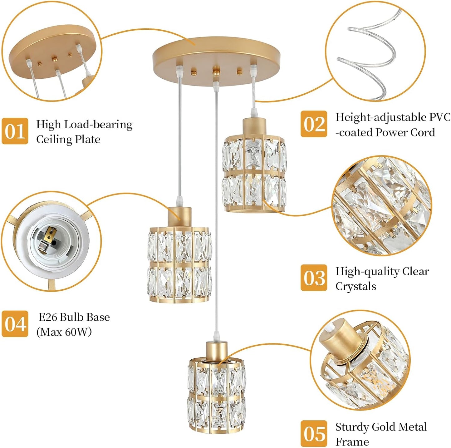 Modern Gold Crystal Pendant Light Fixture - 3-Light Adjustable Hanging Lamp for Kitchen Island, Dining Room, Living Room & Bedroom | Dimmable, Quick Install Farmhouse & Industrial Pendant Lighting