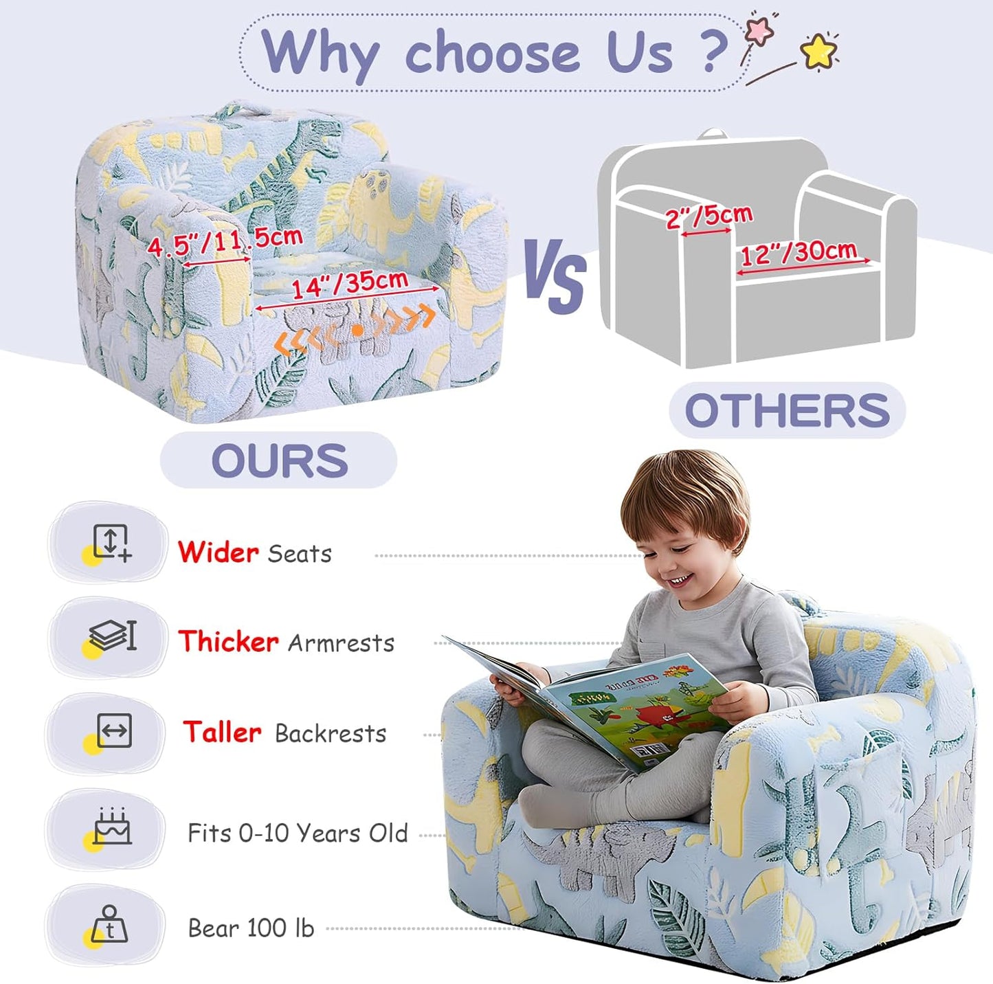 Tiita Kids Sofa, Childrens Couch with Carry Handle, Portable Toddler Foam Sofa Couch, Glow in The Dark Nursery Kids Couch, Lightweight Kids Chair for Playroom, Dorm Room, Small Space, Grey Dinosaur