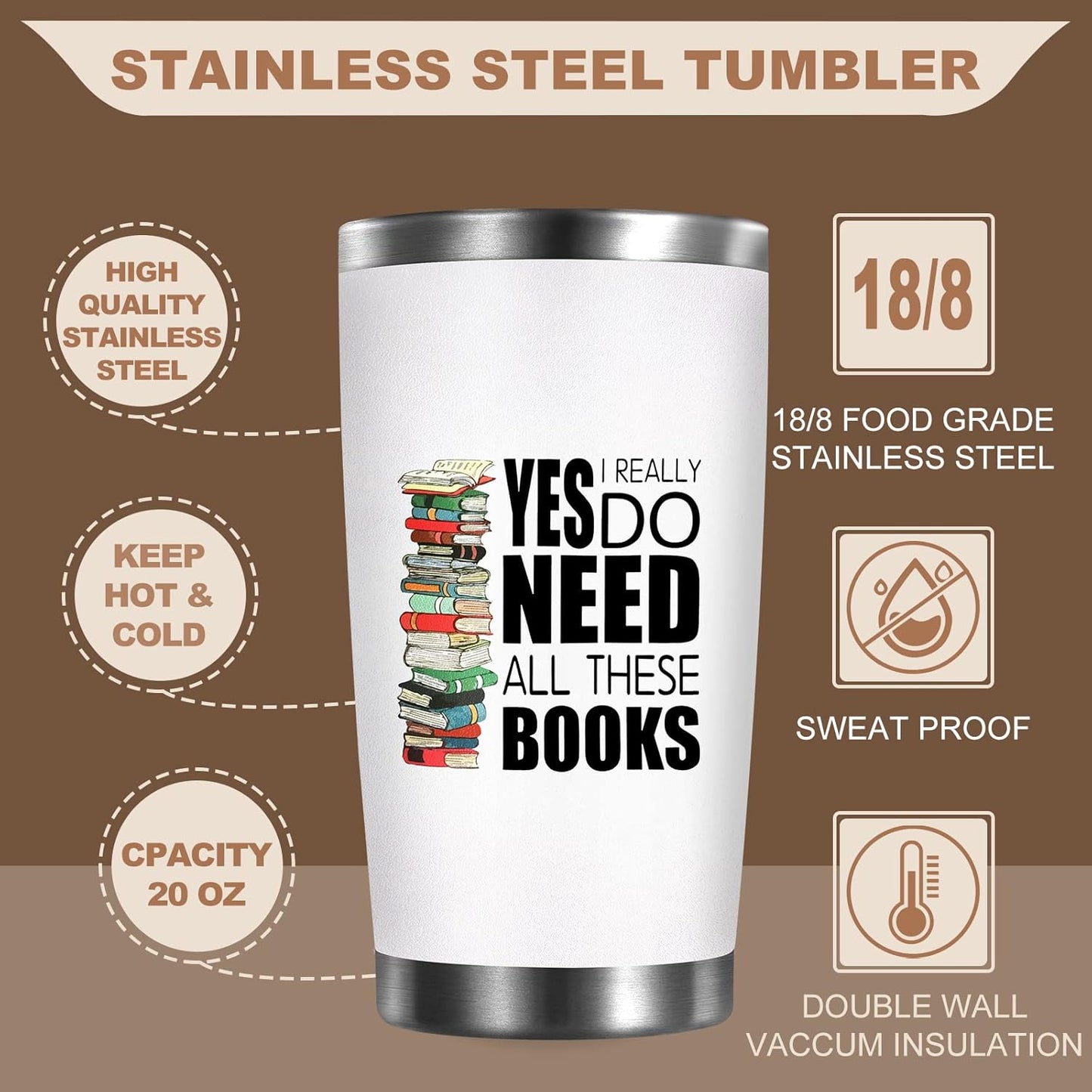 Petitian Book Lovers Gifts Tumbler: Yes I Really Do Need All These Books Nerd Gifts 20 oz Stainless Steel Coffee Mug for Women, Librarian, Bookworm, Bookaholic