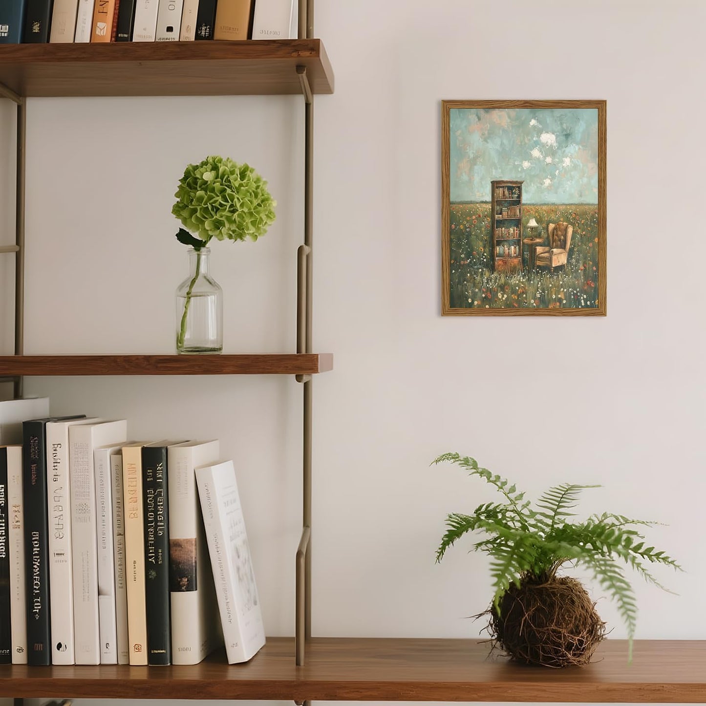 Vintage Whimsical Book Lover Wall Art, Impressionist Flower Field Painting Decor, Rustic Book Nook Canvas Prints, Bookish Gifts French Country Artwork for Bedroom Living Room 10x8 inch Wood Framed