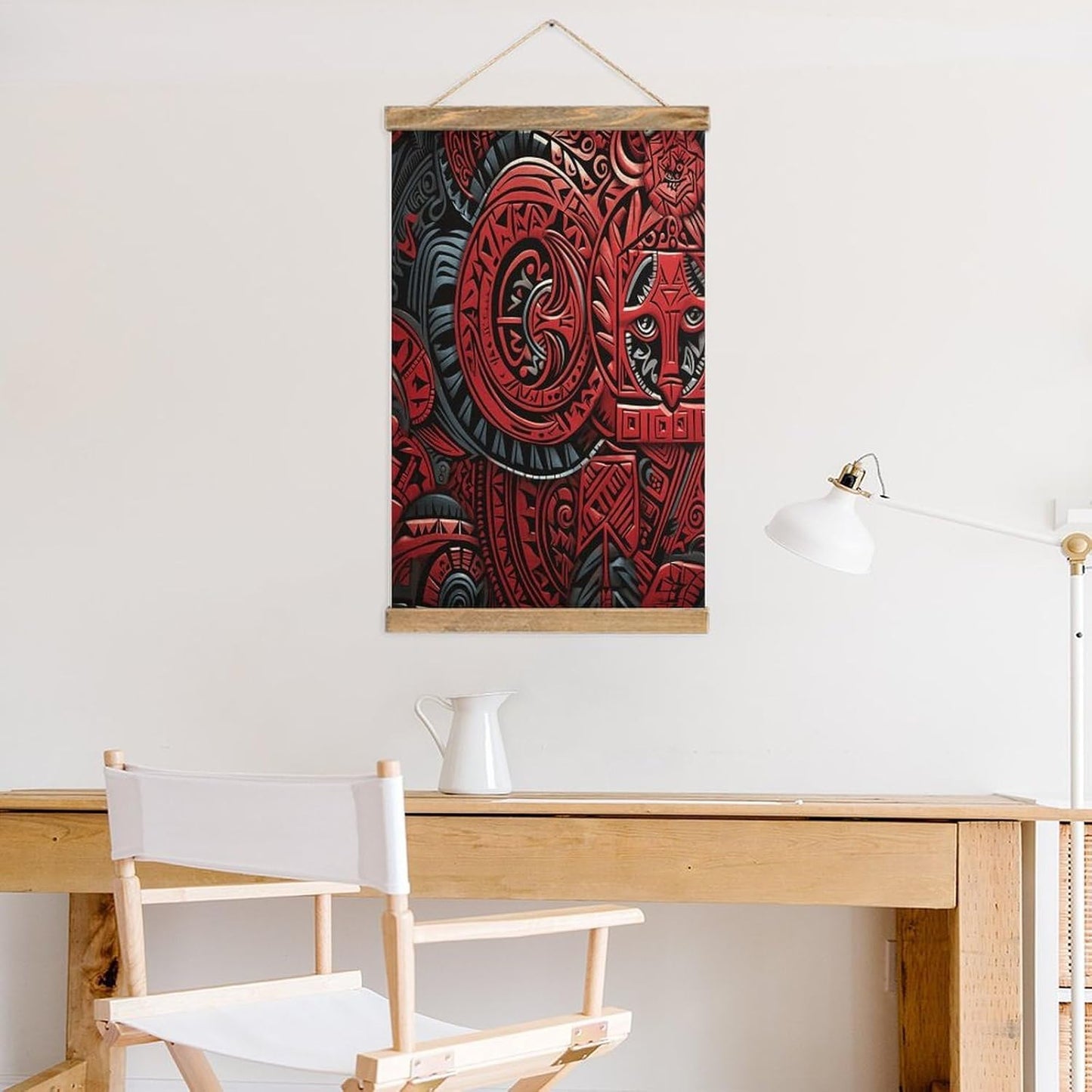 Vintage Red Tribal Pattern Poster with Wooden Frame Personalized Linen Hanging Scroll Painting Rustic Wall Hanging Illustrative Modern Artwork Decor for Home Living Room Bedroom Office