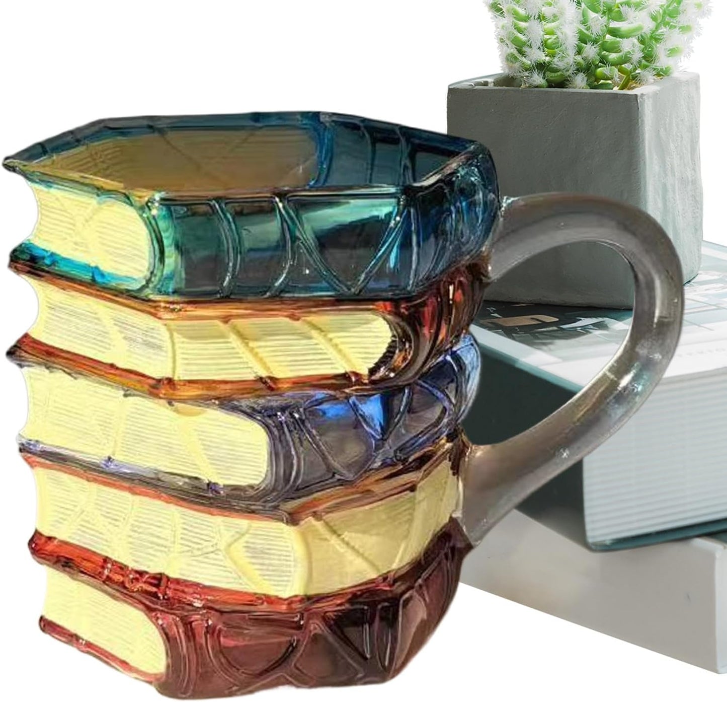 Glass Painted Book Lover Mug, 12x8x8cm 3D Novelty Drinking Cup, Artistic Glassware, Gifting Bibliophiles, Office Decorating, Desktop Utility