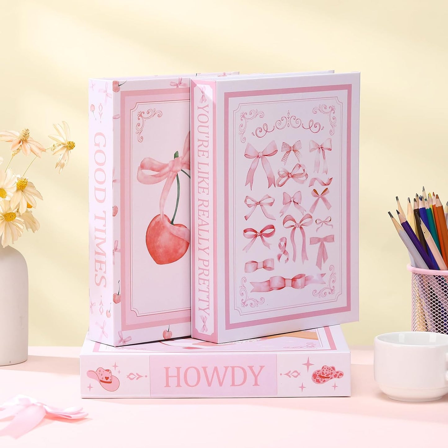 Weysat 3 Pcs Pink Bow Coquette Decorative Fake Books 9.8 Inch Preppy Faux Stacked Books Aesthetic Cute Modern Magnetic Storage Box for Coffee Table Bookshelf Display Bedroom Home Room Decor