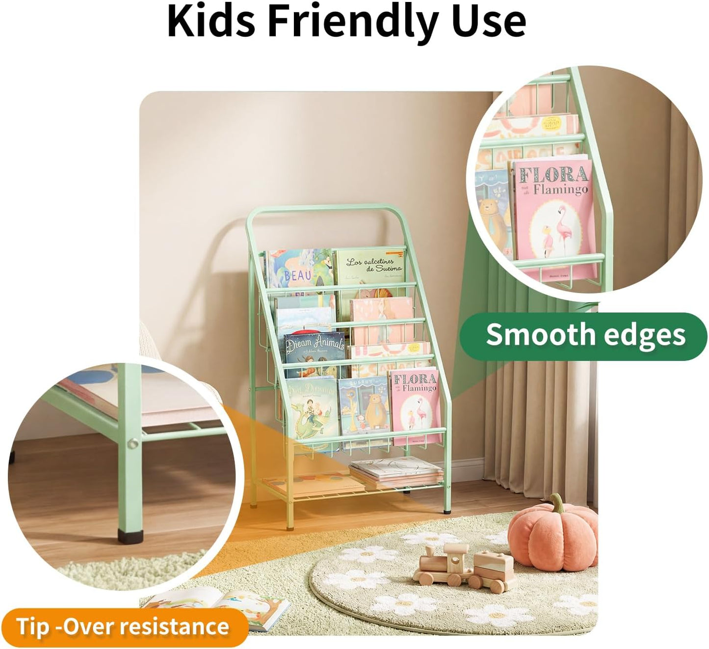 JAQ Green Kids Bookshelf, 4-Tier Metal Book Display Rack for Small Space, Child-Safe Forward Facing Toddler Bookshelf for Classroom, Nursery & Playroom, Easy-to-Clean Sling Design (28.35" Height)