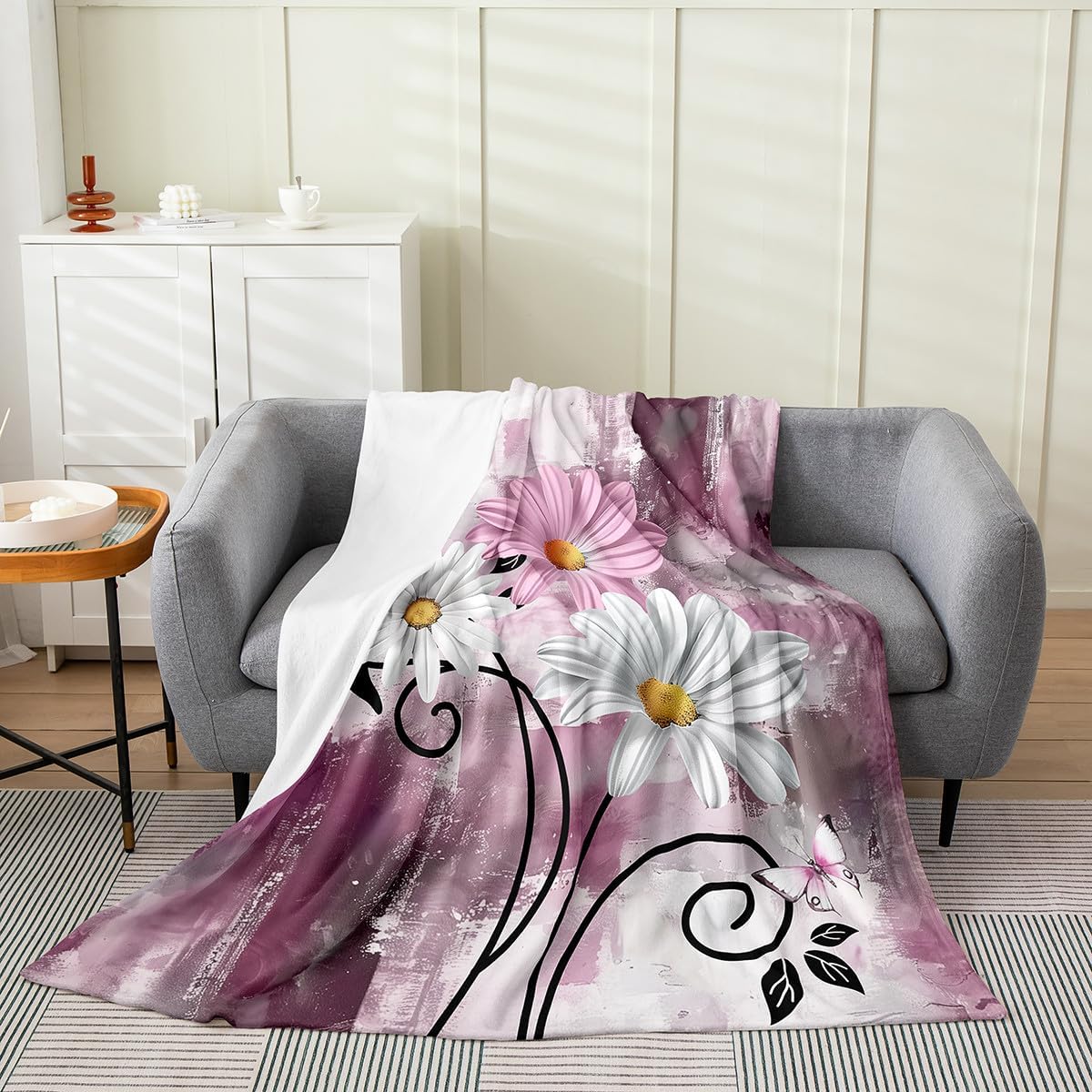 Erosebridal Ombre Abstract Pattern Flannel Blanket White and Pink Floral Oil Painting Style Fleece Throw Blanket Queen Inch for Girls Women Kids Vintage Farmhouse Art Aesthetic Bedroom
