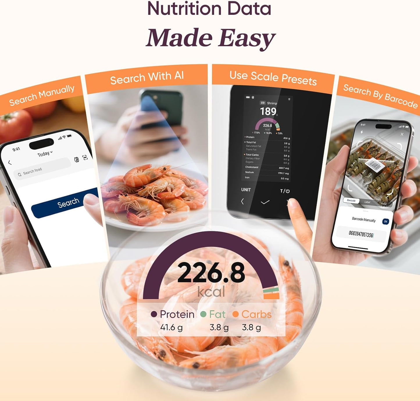 Cosori Smart Food Kitchen Scale with Nutritional Calculator, Free App for AI Scan, Calorie & Macro Tracking, Food Preload, On-Screen Nutrient Info, Personal Goals, Rechargeable, 11 lb / 5 kg