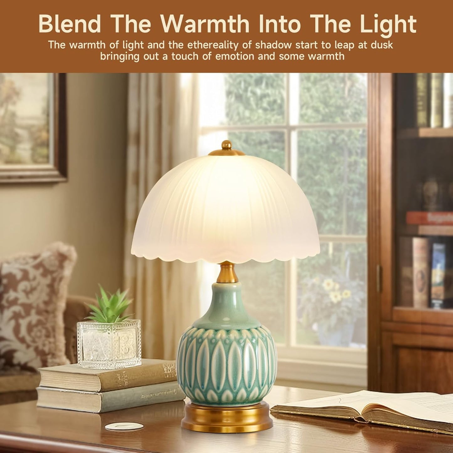 Vintage Lamp for Living Room,15.7" High 9.8“Wide Modern Ceramic Table Lamps for Bedroom,Retro Bedside Nightstand Traditional Lamps, Classic Chinoiserie Green Lamp for Home Decor