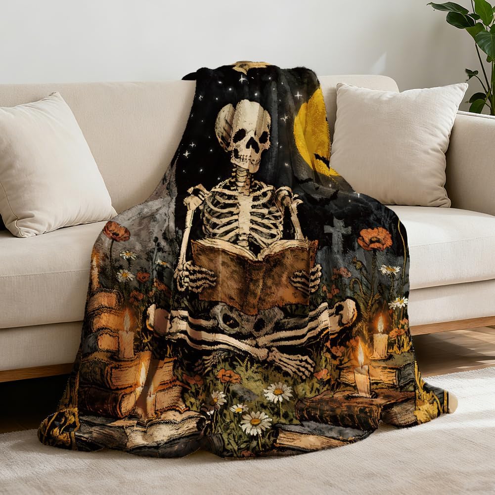 GLOBLELAND Magic Skeleton Reading Throw Blanket 59 x 51 Mysterious Night Tomb Tarot Throw Blankets Magical Theme Reader Books Blanket for Home Sofa Travel Adult Women Comfort Warmth Soft Cozy
