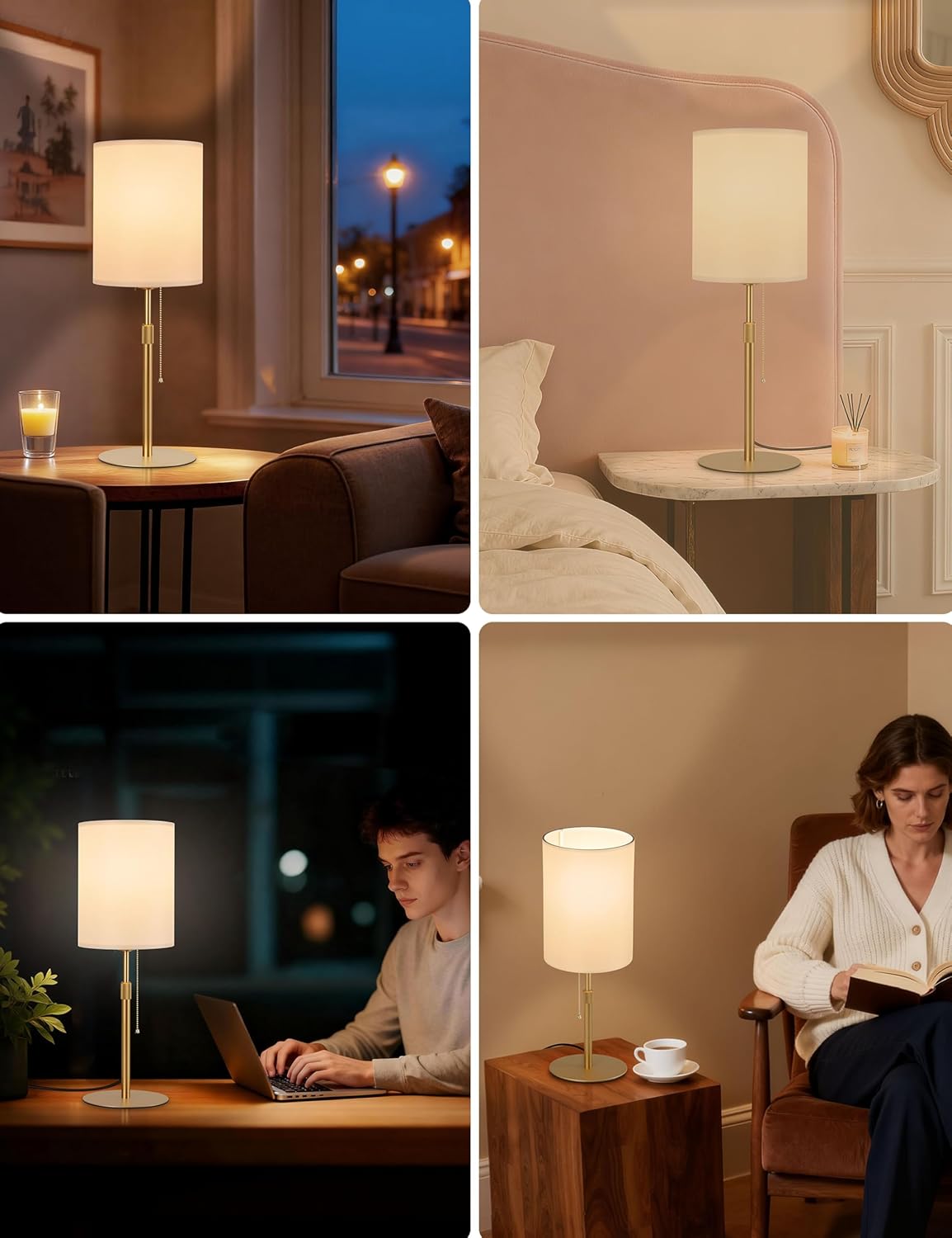 Tubicen Gold Table Lamp Plug in with Pull Chain 23.6" H Tall Thin Bedside Lamps with Small Fabric Shade Base Dimmable Modern Adjustable Height Table Lamps for Living Room Bedroom Office