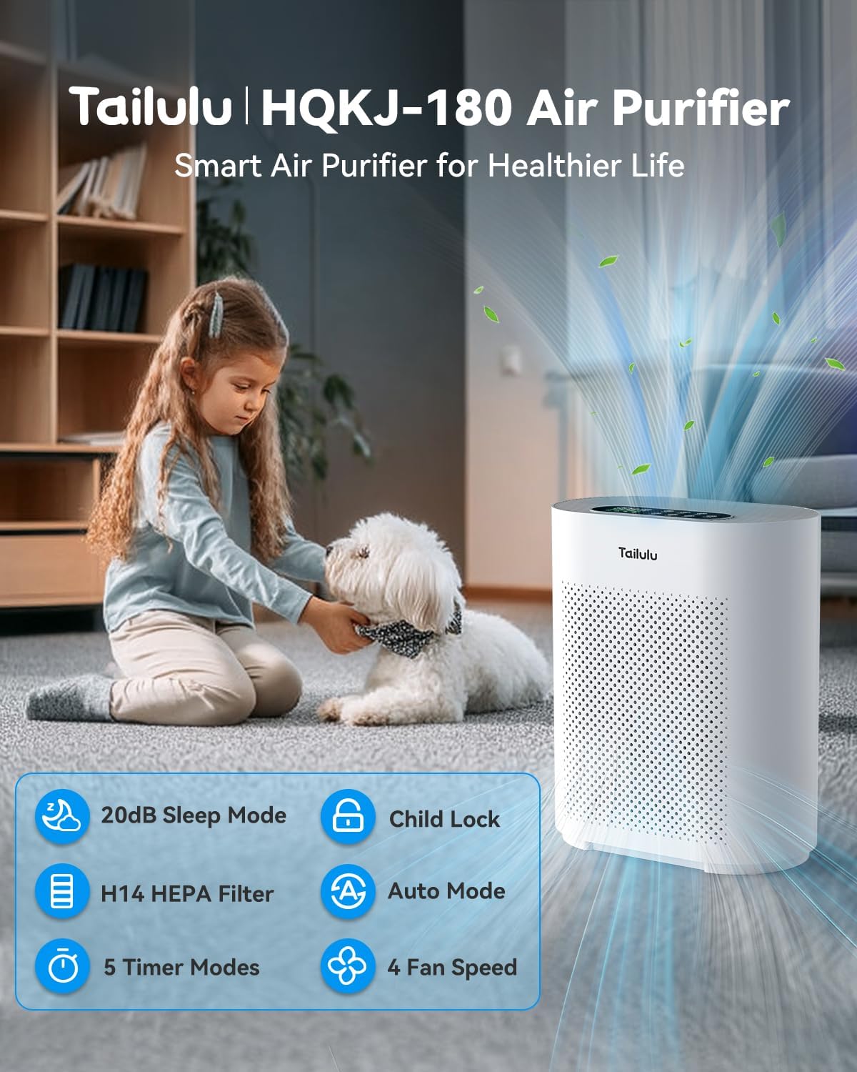 Air Purifiers for Home Large Room up to 2200ft², PM2.5 Air Quality Sensor Smart Mode, 20dB Sleep Mode & Night Light, H14 HEPA Filter Air Purifiers for Bedroom, Pets, Dust, Pollen, Tailulu HQKJ-180