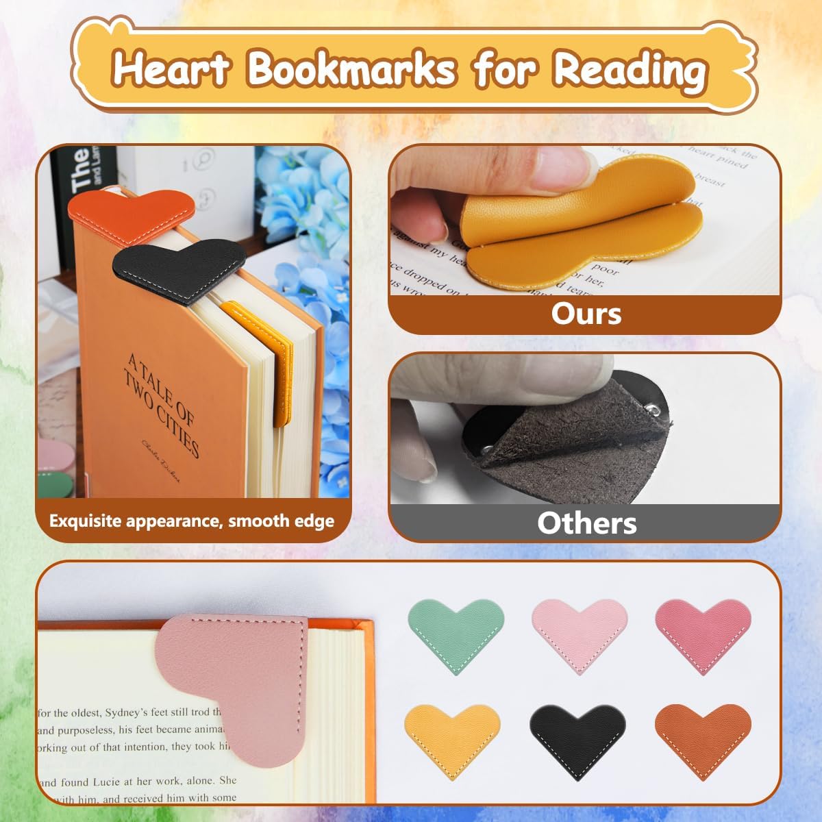 Leather Heart Bookmarks - Kinsound 6 Pieces Cute Corner Page Book Marks for Teachers Students Book Reading Lovers, for School Office Home Supplies (Heart（6pcs）)
