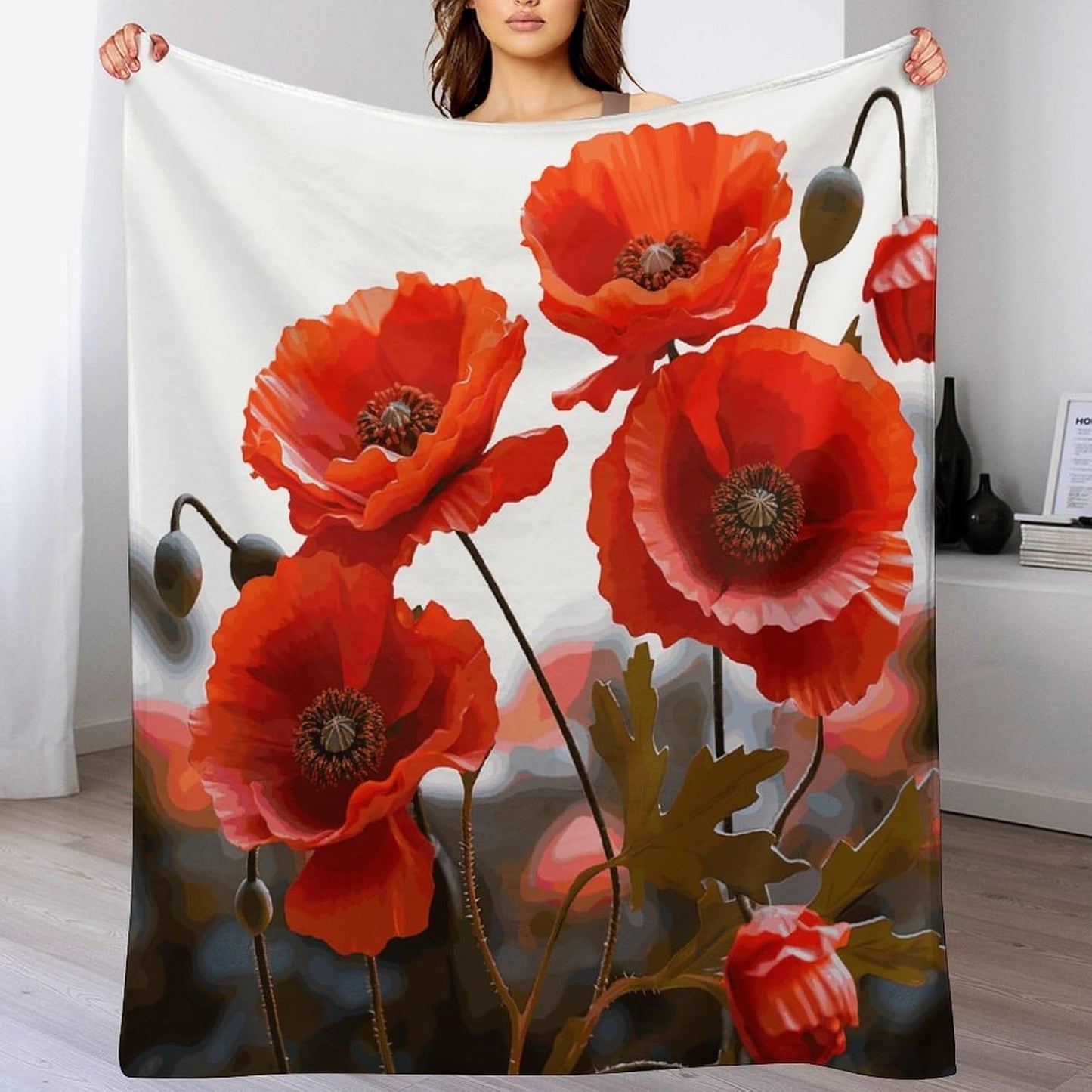 Poppy Flowers Vivid Petals Blanket Super Soft Lightweight Throw Blanket Cute Cozy Warm Bed Blanket Decorative Fuzzy Blanket All-Season Home Decor Gift for Sofa Couch Living Room 50"*60"（130 * 150cm）