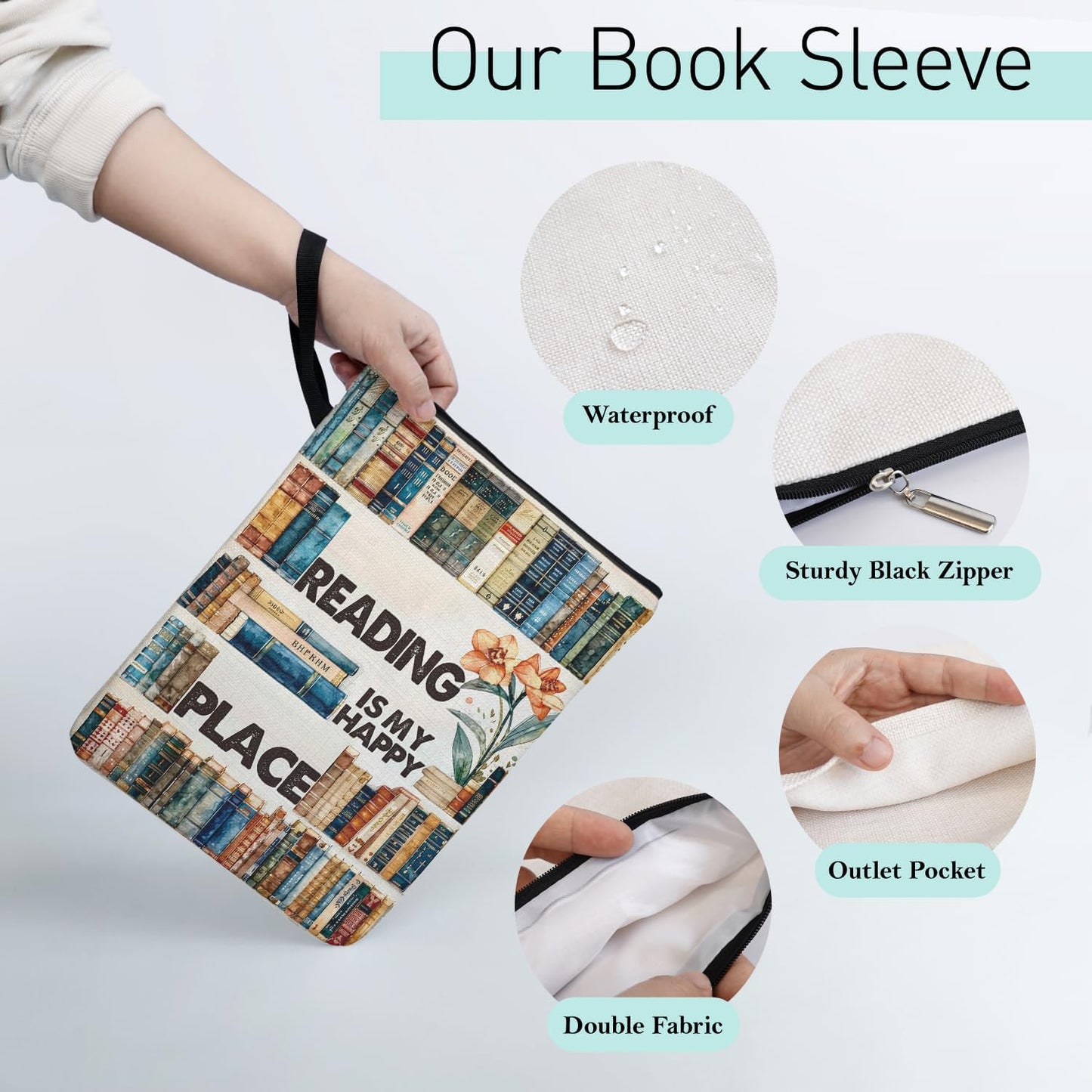 Reading is My Happy Place Book Sleeve for Book Lovers, Paperback Sleeve for Librarian Lovers Bookish Group Club Gifts for Women, Book Cover with Zipper and Front Pocket for paperbacks 9 x 12 Inch