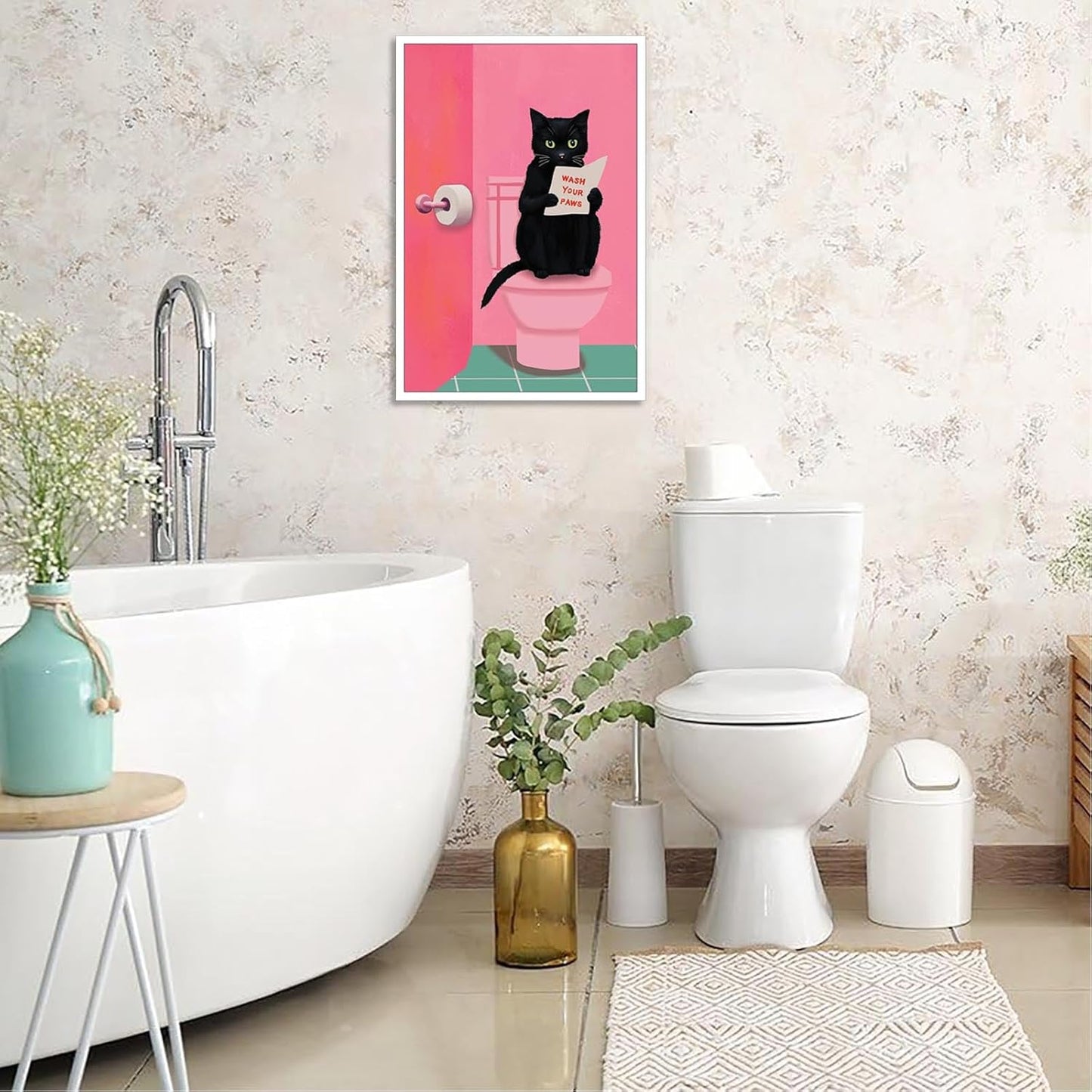 Funny Bathroom Wall Art Black Cat On Pink Toilet Reading The Newspaper Poster Cute Humorous Preppy Animal Aesthetic Prints Painting For Home Bedroom Bathroom Wall Decor 12x16in Unframed
