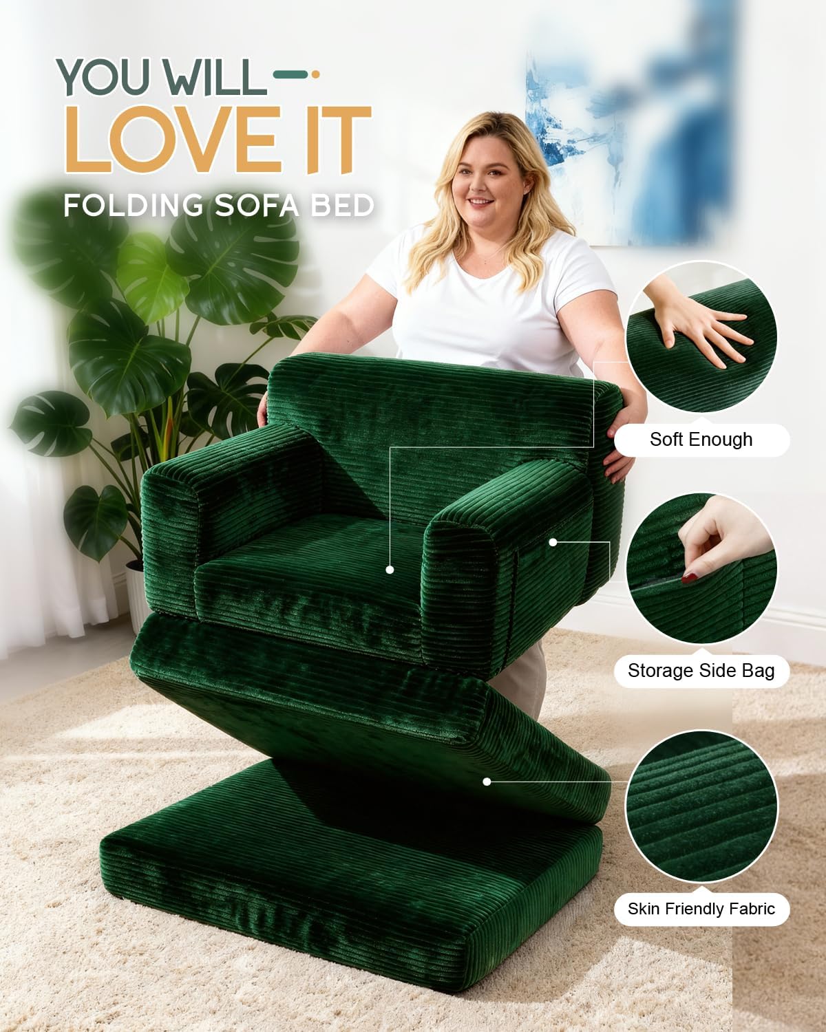 Boneless Couch Sofa Bed, Convertible Sleeper Chair with One-Piece High-Density Foam (No Lumps), Foldable Floor Mattress for Adults Guest Gaming, Non-Slip, Side Pockets, 84"x35", No Assembly
