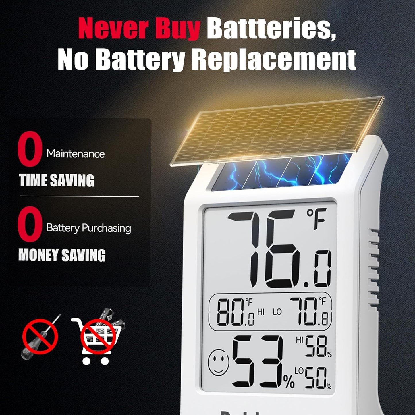 BaldrTherm Room Thermometer Indoor Humidity Meter, Solar-Powered 3.2'' Digital Temperature Sensor Monitor with Max/Min Reading, Comfort Indicator for Baby Room, Home, Office, White, 3Pack