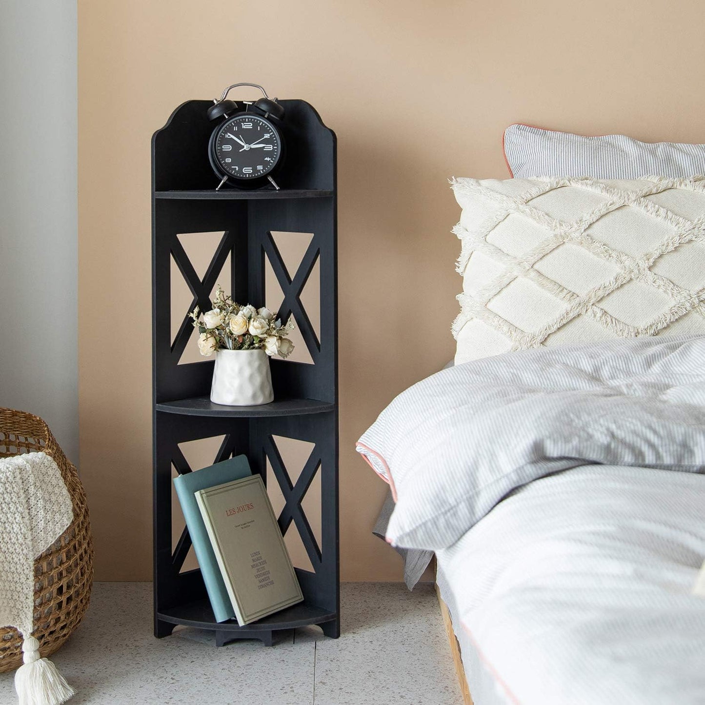 TuoxinEM Corner Table Great for Small Tiny Space Perfectly, Corner Bathroom Shelf Fit for Toilet Paper Storage, Black