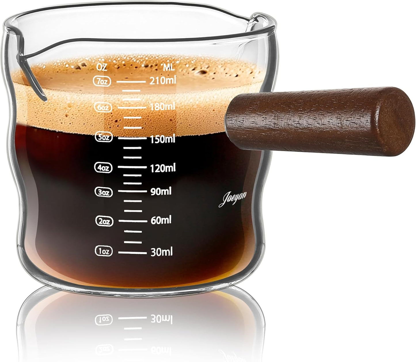 Joeyan 9 oz Espresso Cups, Espresso Shot Cups, Glass Measuring Cup with Double Spouts and Wood Handle, Wave Shaped Triple Pitcher Milk Cup, Borosilicate Clear Coffee Bar Accessories