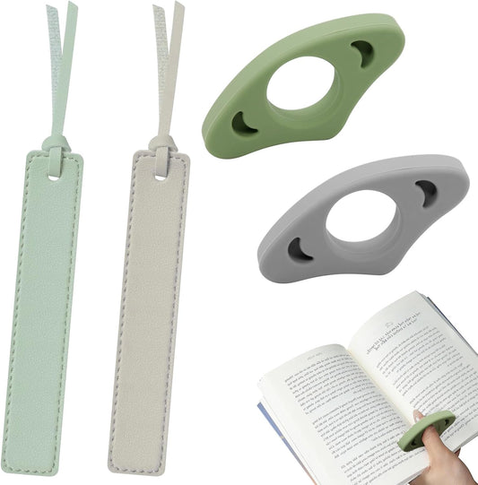 4Pcs Book Page Holder Set, 2Pcs Silicone Thumb Book Page Holder with 2Pcs Leather Bookmark - Hands-Free for Reading, Ergonomic Clip for Books, Assist Reading While Cooking or at Coffee Shop