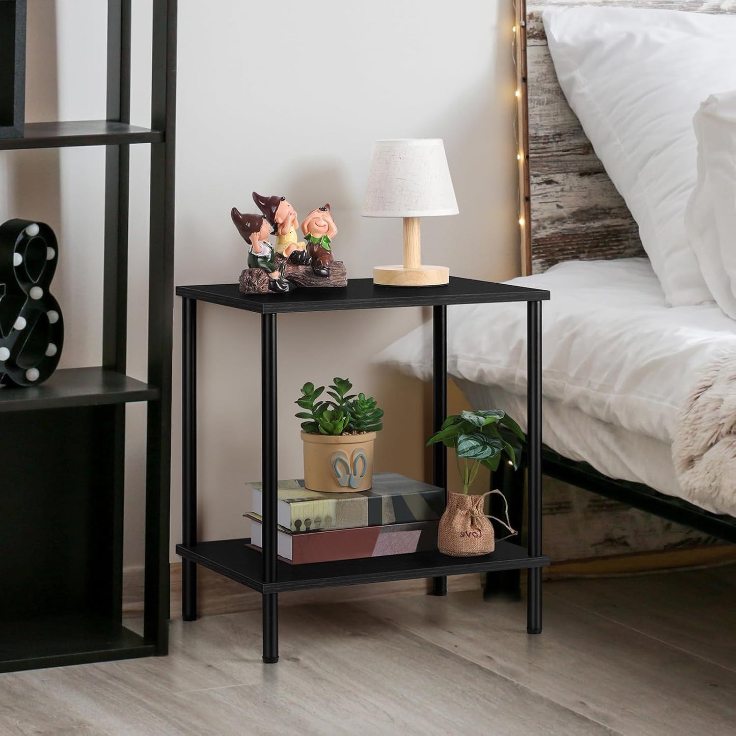 ETELI Small Side Table Black Narrow End Table with Storage Shelf Modern Square Bedside Table Wood Nightstand for Living Room Bedroom Office