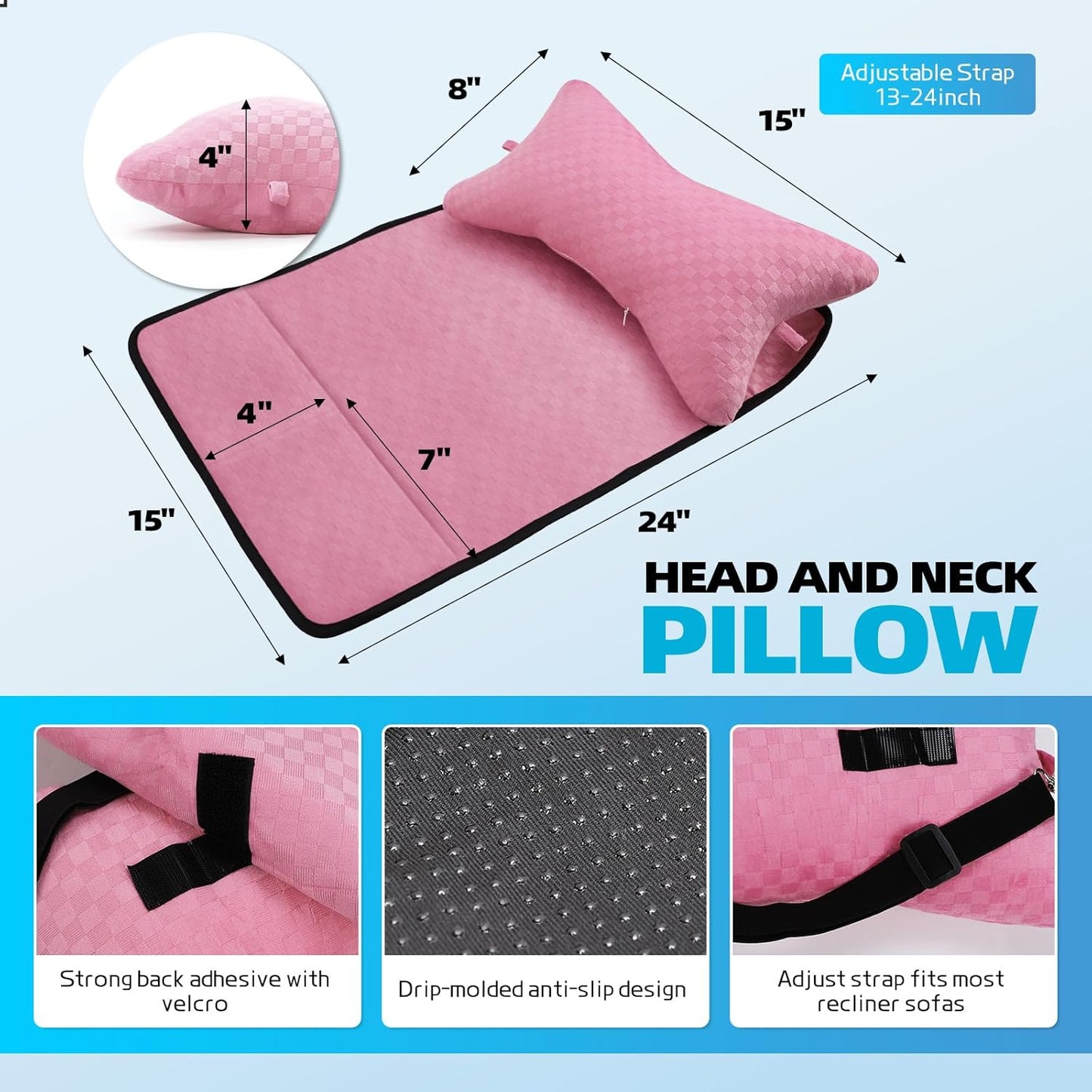Recliner Head and Neck Support Pillow, Sofa Chair Headrest Cushion, Anti-Slip Design for Neck Pain Relief on Sofa, Car Seat, Travel (Pink-Checker)