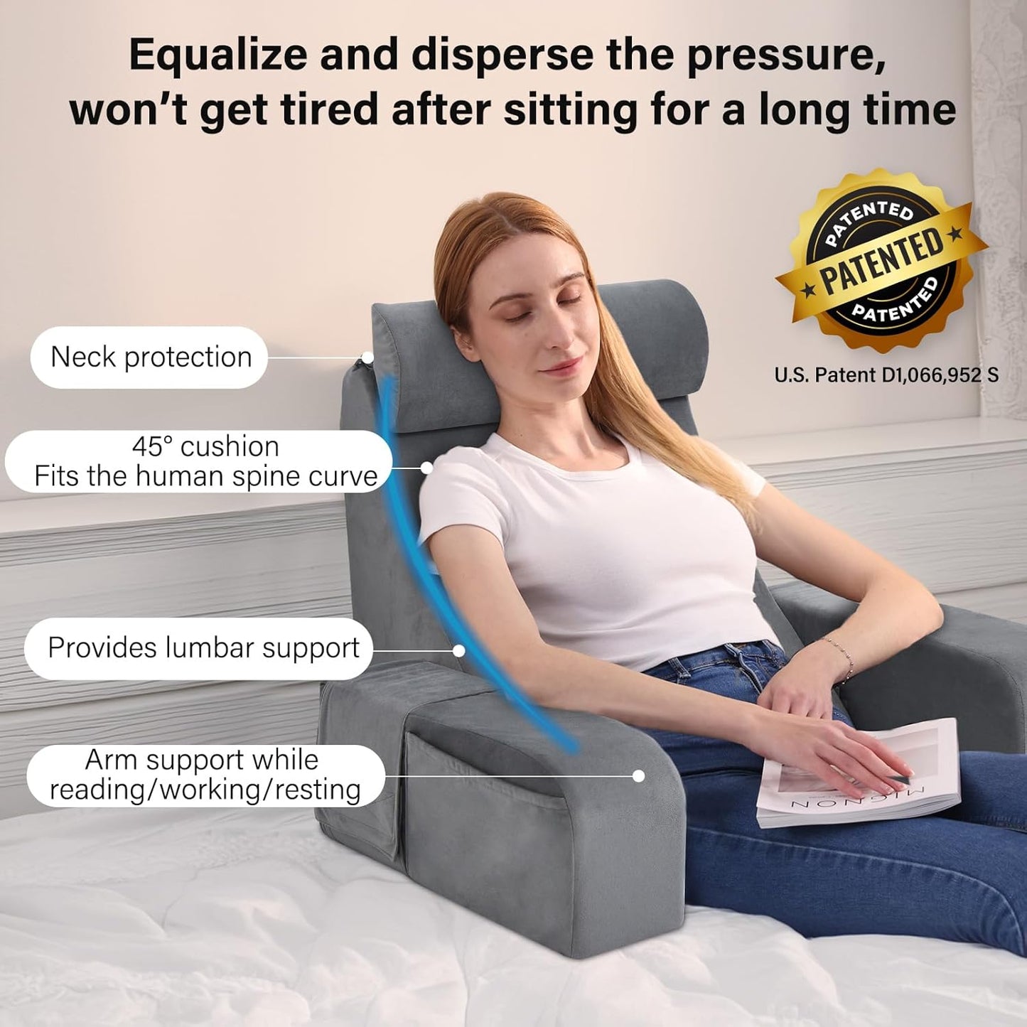 Reading Pillow for Bed Sitting Up — 19" Wedge with Arms, Backrest Cushion, Medium (Grey)