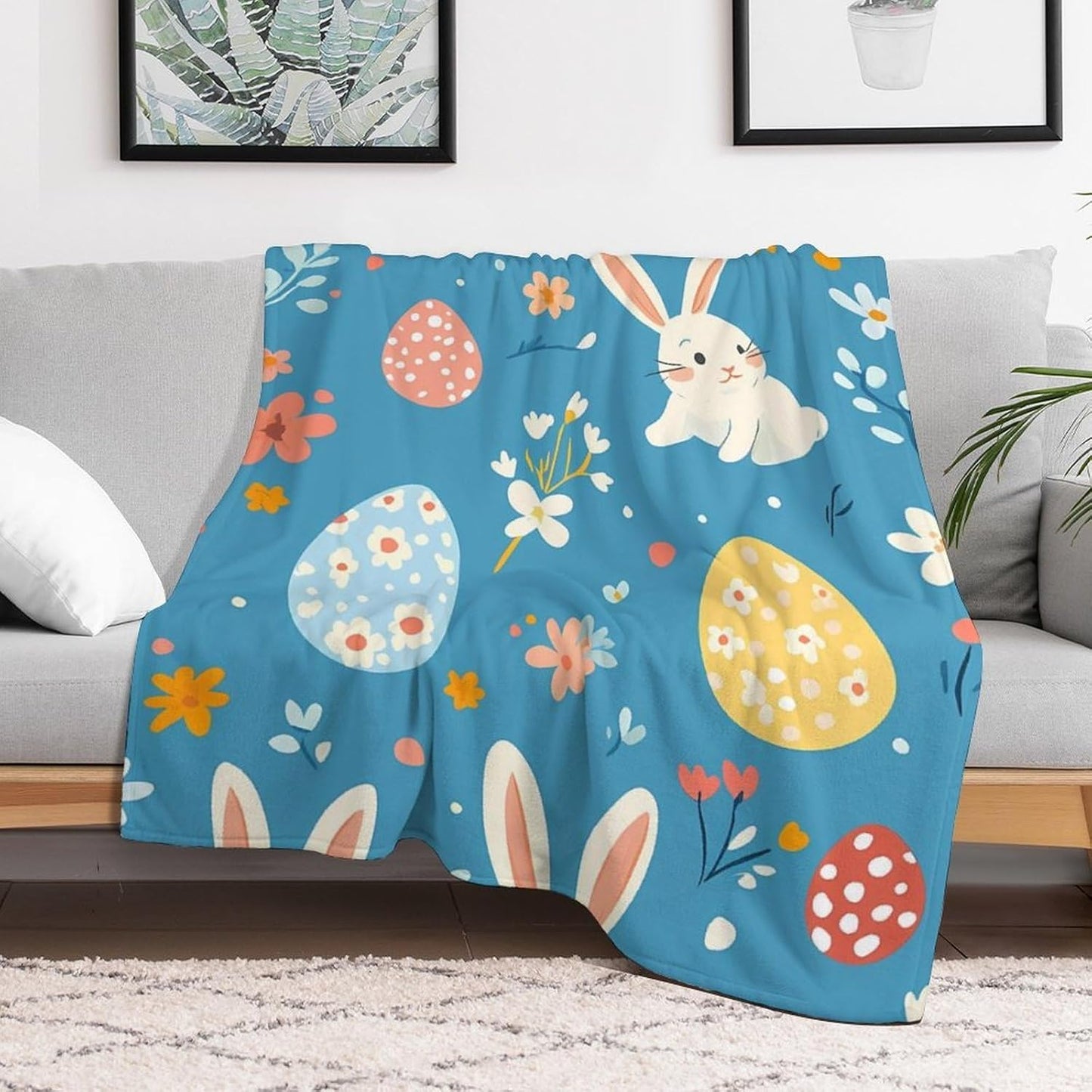 Easter Rabbits Throw Blanket for Couch Bed Plush Cozy Fuzzy Flannel Blanket for All Season 55"x70"