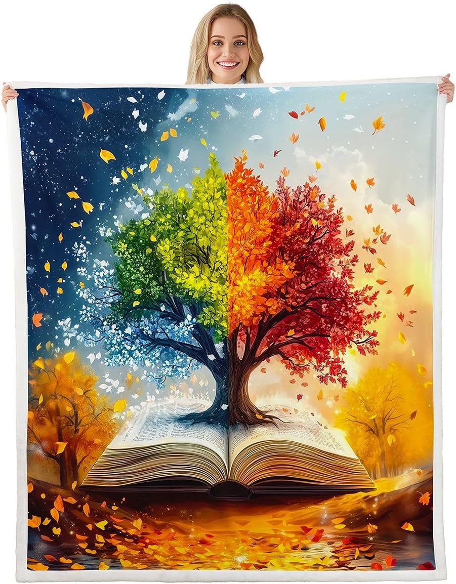 Manfei Life Tree Throw Blanket Book Reading Lover Soft Cozy Fluffy Blanket for Bed Sofa Couch Rustic Style Fall Leaves Blankets Plush for Kids Adults Room Decor 30"x40" Orange Blue
