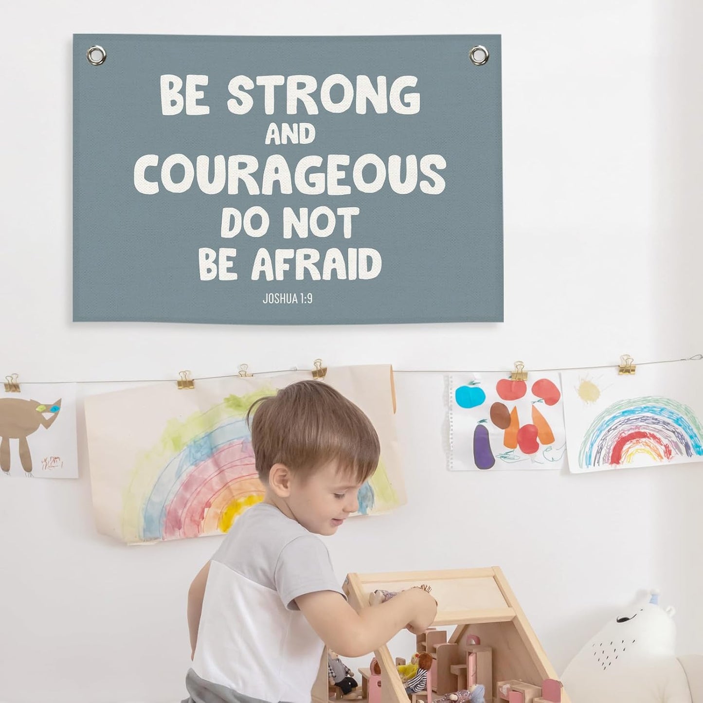Blue Christian Kids Boys Banner Canvas, Bible Verse Be Strong Courageous Toddler Room Decor, Inspirational Hanging Flag Sign, Nursery Wall Tapestry Art for Playroom Bedroom Classroom 20x30in