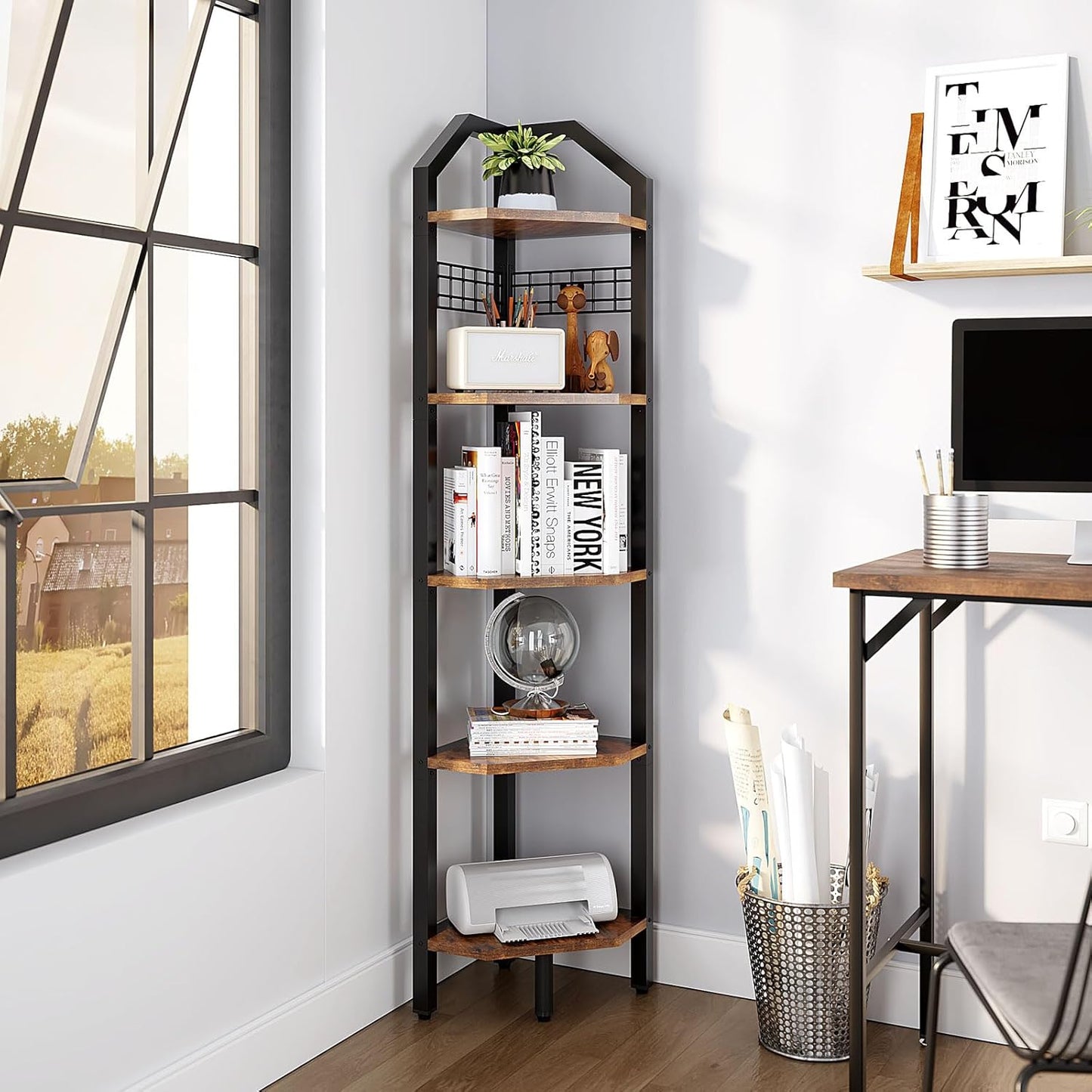 YMYNY 5-Tier Corner Shelf, Freestanding Corner Bookshelf, Plant Stand, Industrial Bookcase, Multi Storage Shelf Rack for Living Room, Bathroom, Bedroom, Small Space, Rustic Brown, 69" H, UHBR006H