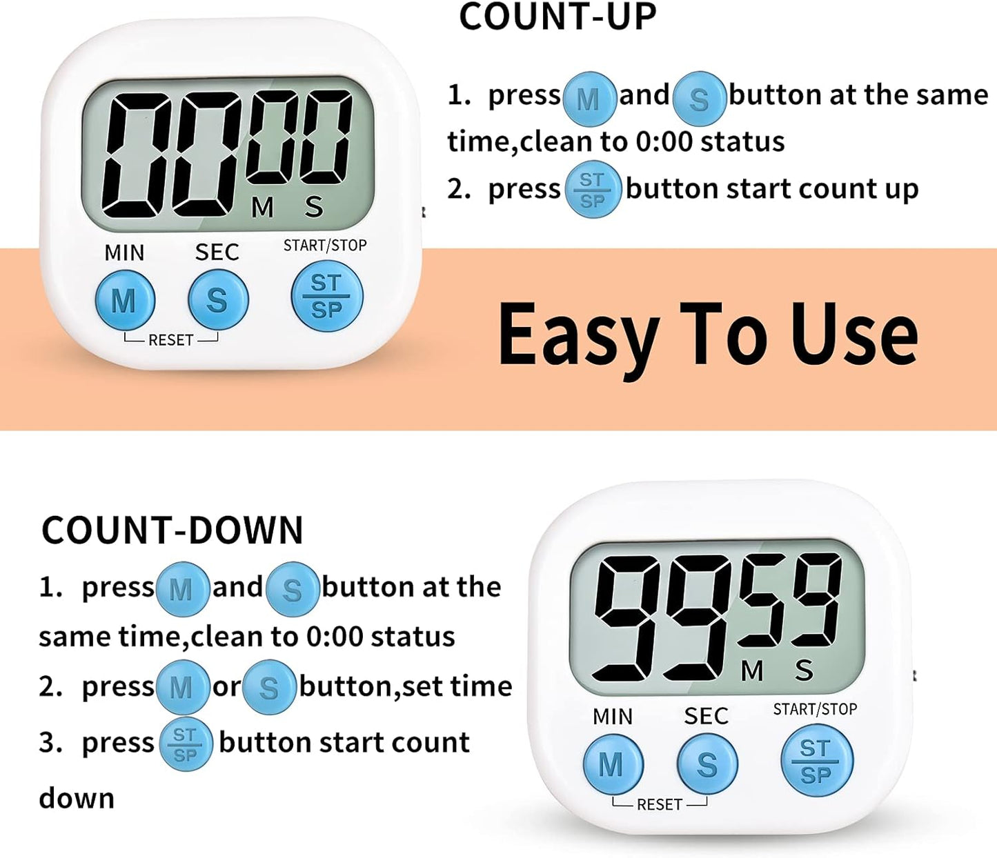 Timer for Kids,KitchenTimer Digital,Magnetic Back,Loud Ring,Stand for Cooking,Classroom,Bathroom,Teachers,Kids(White), (JS-118)
