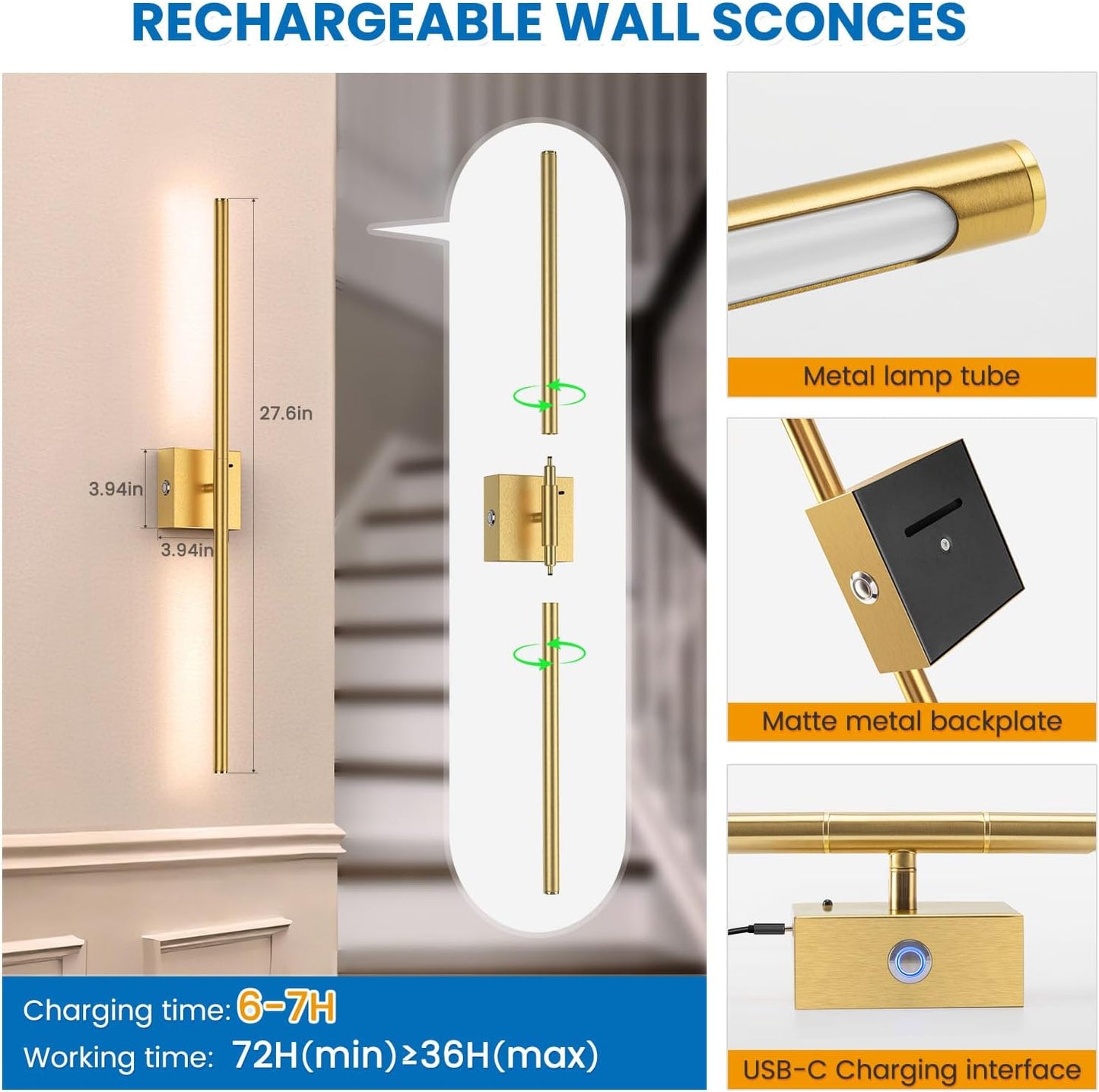 NIORSUN 28 Inch Battery Operated Wall Sconce Set of 2, 360° Rotation Gold Rechargeable Wall Lights with Detachable Tube and Remote, 3CCT Dimmable Wireless Wall Lamp for Living Room Bedroom Hallway
