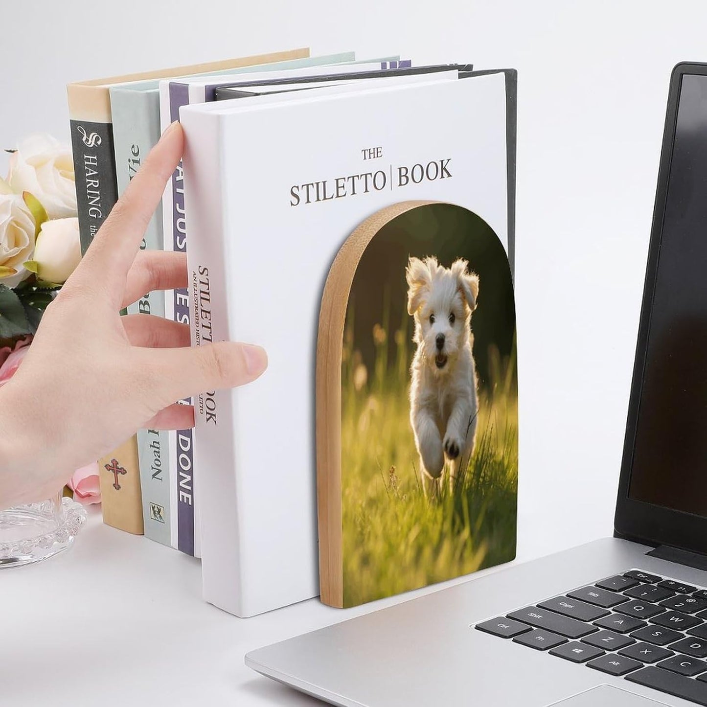 Puppy Crossing The Grass Bookend for Shelves Wooden Book End Large Size Sturdy Book Holders Stoppers with Metal Base for Bookshelves Slick Decorative Bookends Stands