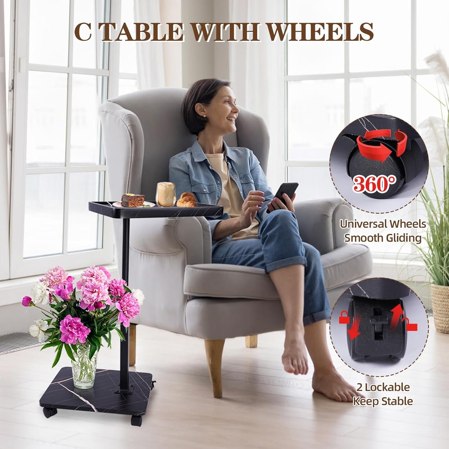 C Table Side Table End Table Adjustable Height，C Shaped End for Couch，Snack Tables,360°Swivel TV Tray Sofa Table， For Small Spaces，Side Tables living room and bedroom for Sofa, Bed,Chair(black)