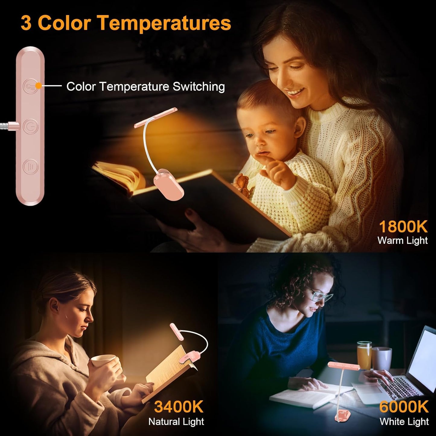 Gritin Rechargeable Book Light for Reading in Bed with 19 LED &Memory Function-Eye Caring 3 Color Temperatures,5 Brightness Levels,90 Hrs Runtime Flexible Goose Neck Clip on Light-Pink