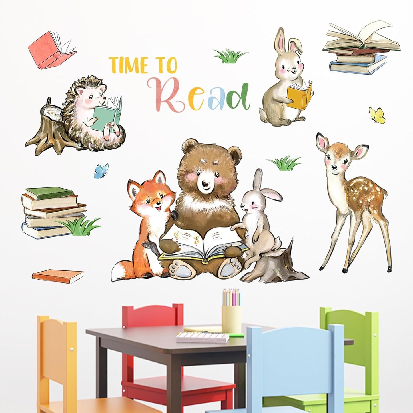 Mfault Time to Read Animals Wall Decals Stickers, Educational Reading Bear Fox Bunny Deer Hedgehog Books Nursery Decorations Classroom Bedroom Art, Neutral Toddlers Kids Study Room Library Decor