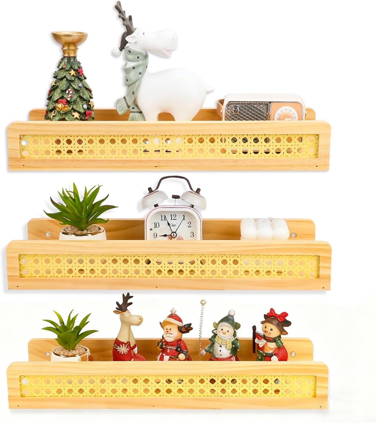 Zoyiancy 3 Pcs Rattan Wall Shelf, Natural Wooden Wall Mounted Floating Shelves, Decorative Picture Ledge Wicker Nursery Bookshelves for Bedroom, Kitchen, Living Room, Office