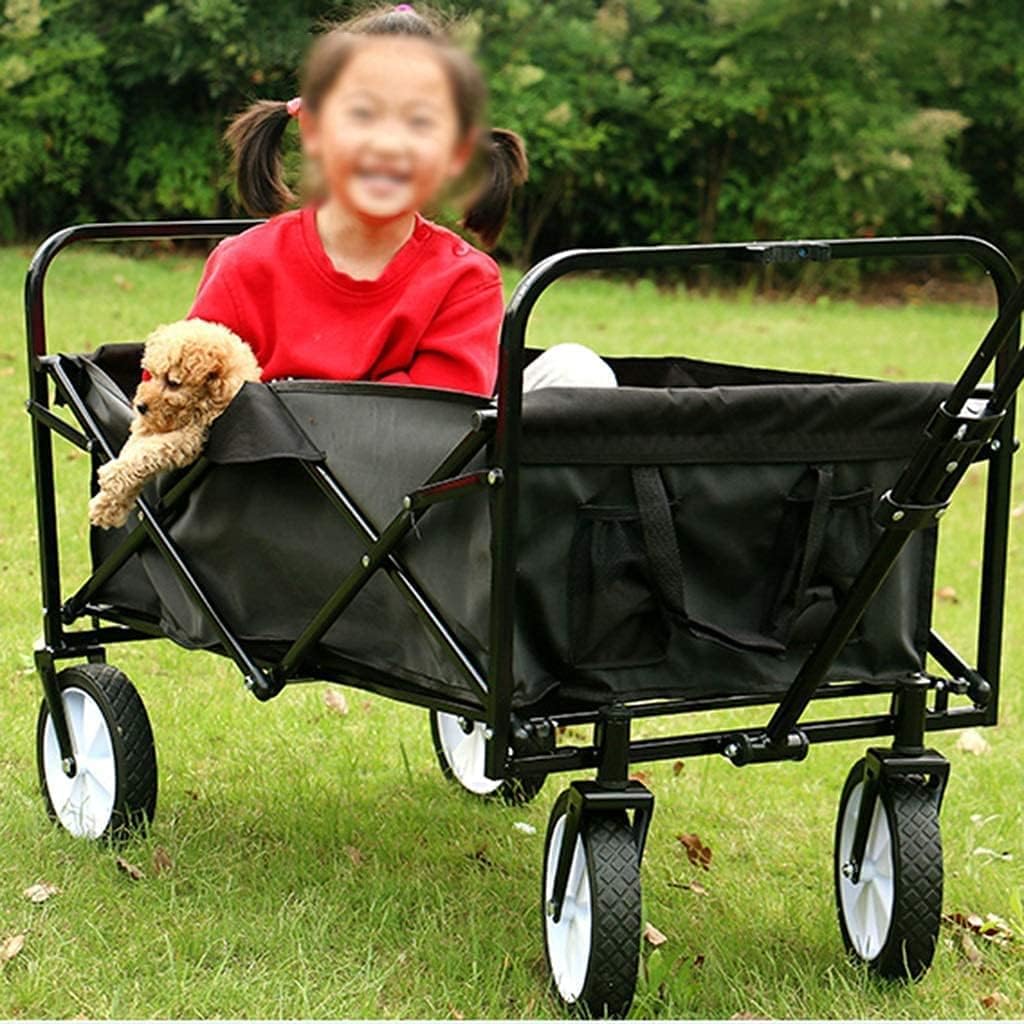Utility Wagon Portable Camping Cart Collapsible Hand Cart with 4 Wheels and Adjustable Push Handle Load-Bearing 100kg / 220lbs (Color : Black)