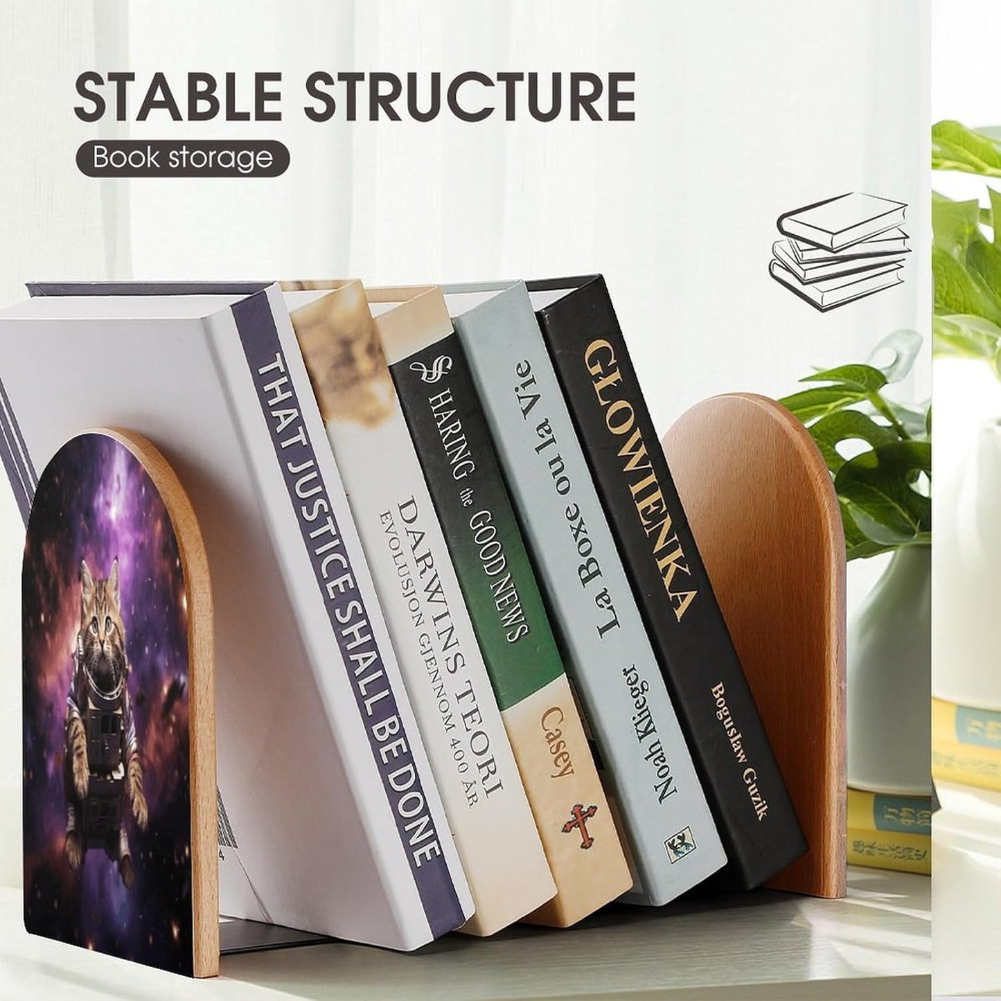 A Cat in Outer Space Bookend for Shelves Wooden Book End Large Size Sturdy Book Holders Stoppers with Metal Base for Bookshelves Slick Decorative Bookends Stands