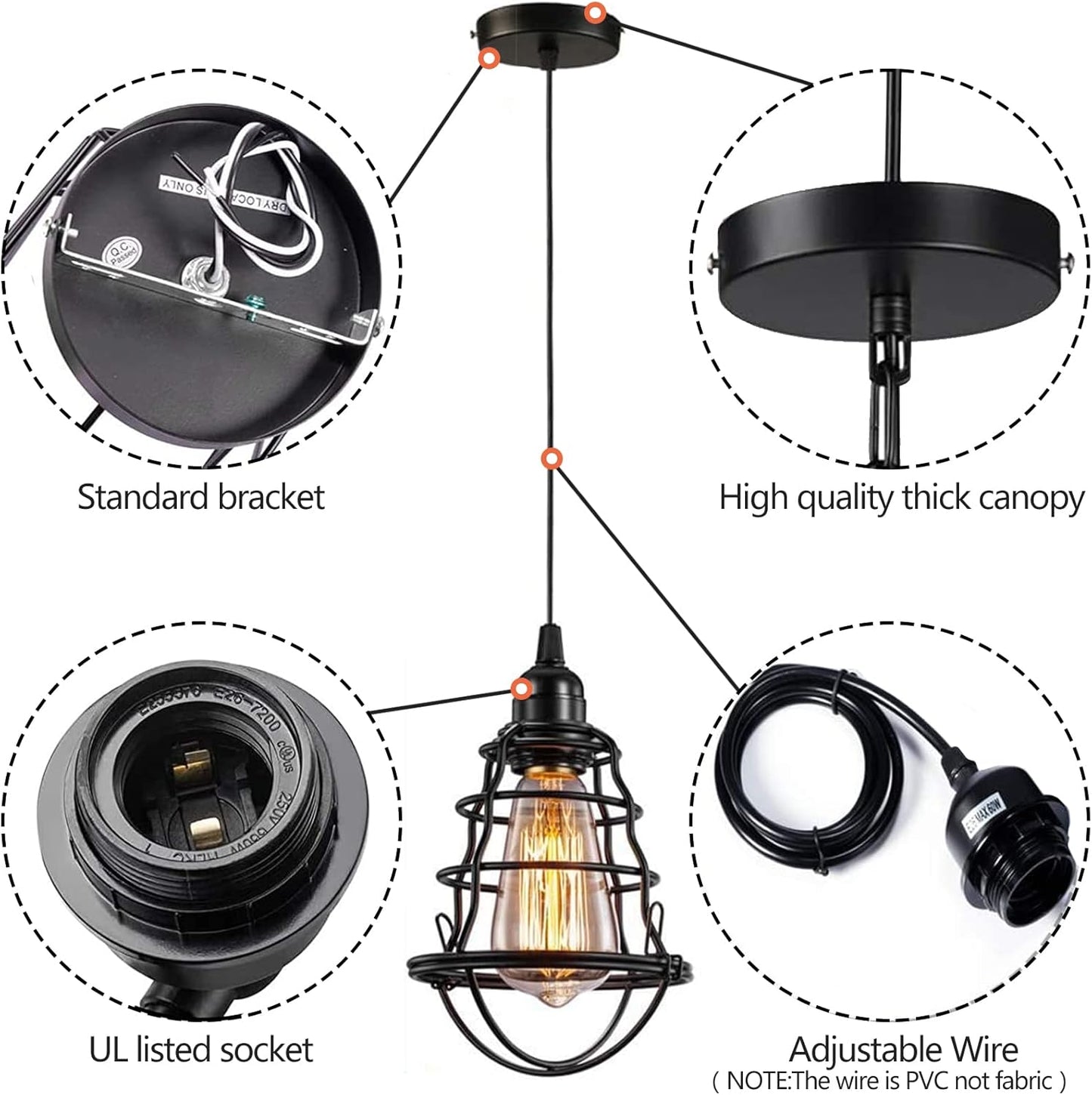 Industrial Pendant Light INNOCCY Edison Hanging Cage Pendant Lights E26 E27 Base Vintage Adjustable Pendant Lamp Fixture for Kitchen Home Lighting 2 Pack