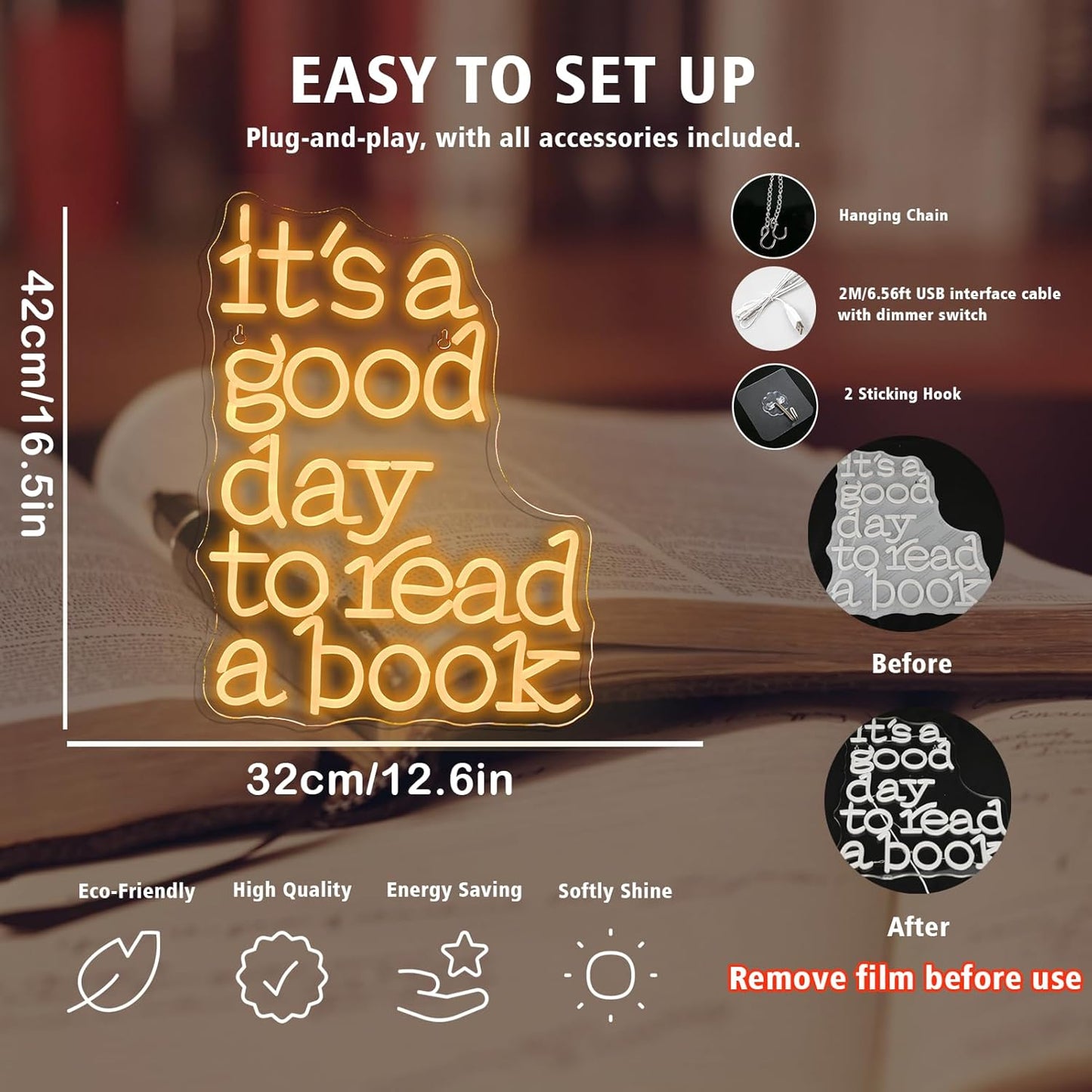 Wanxing LED Neon Sign for Wall Decor, It's a Good Day to Read a Book, USB Powered Dimmable, 5V/2A, 16.5"x12.6" for Home, Office, Bedroom, Book Lover