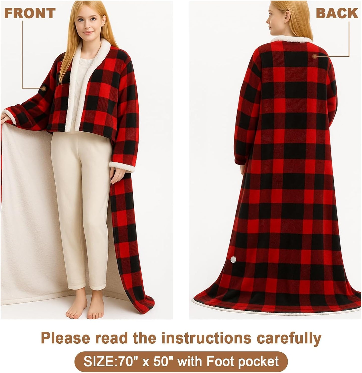 Tuanse Wearable Electric Blanket with Foot Pocket 70" x 50" Soft Flannel Heated Wrap with Sleeves, 8 Heating Levels & 1 to 12 Hours Auto Shut Off, Machine Washable, Black and Red Checkered Patter
